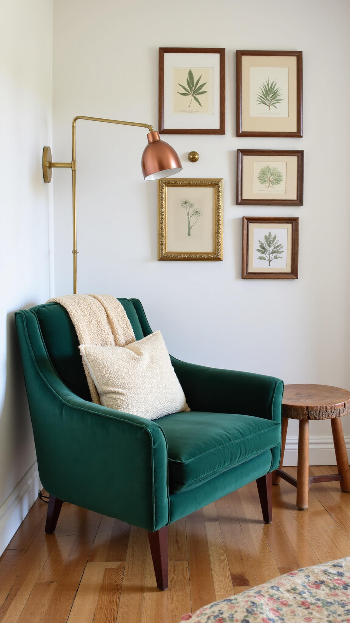 Cozy reading nook with emerald velvet armchair, cream throw, wooden side table, copper floor lamp, and botanical gallery wall in sunlit bedroom alcove.