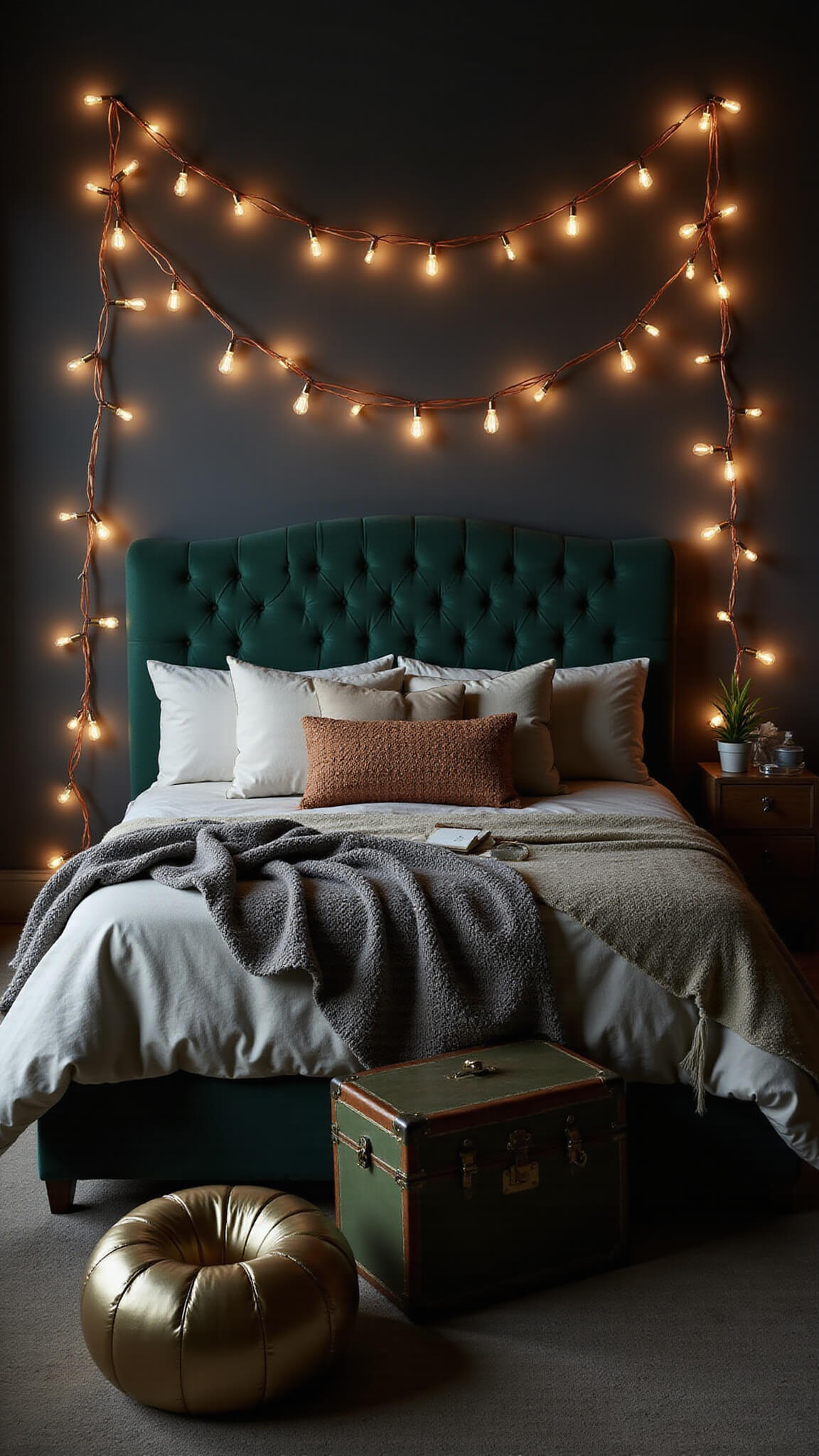 Moody bedroom with emerald tufted headboard, copper string lights, vintage bulbs, and layered textured bedding.