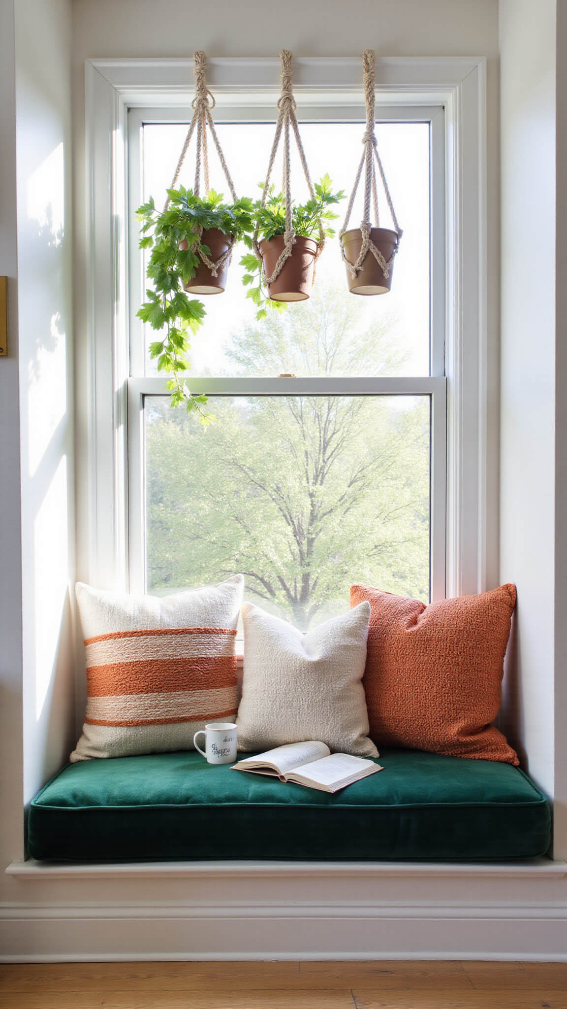 Cozy sunlit window seat with emerald green cushions, terra cotta and cream pillows, hanging plants in macramé holders, vintage brass mirror, open book, and ceramic mug in small bedroom nook.