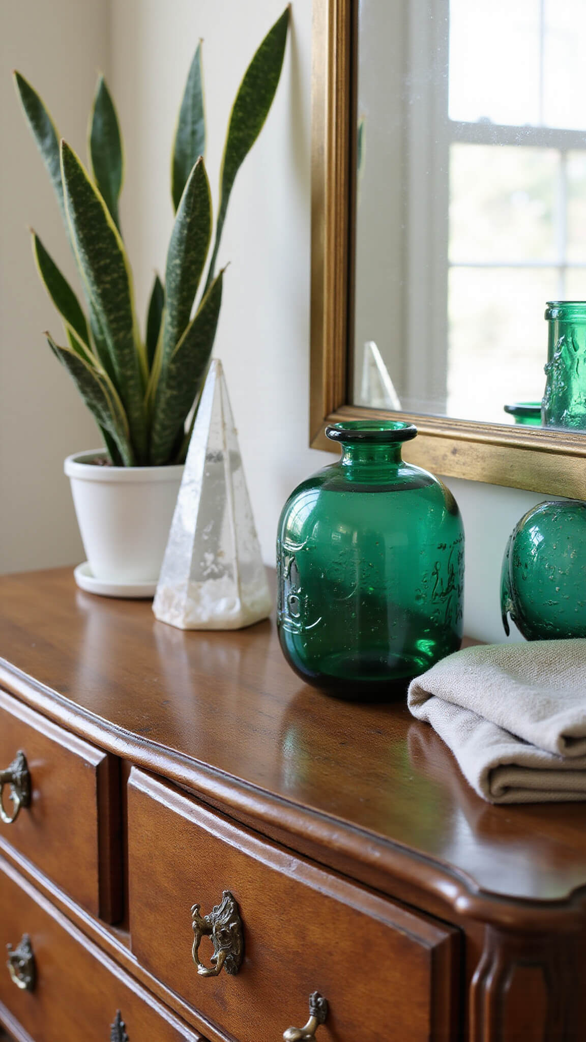 Bedroom vanity with antique wooden dresser, emerald glass vessels, brass mirror, vintage textiles, and crystal prism rainbows in soft morning light.