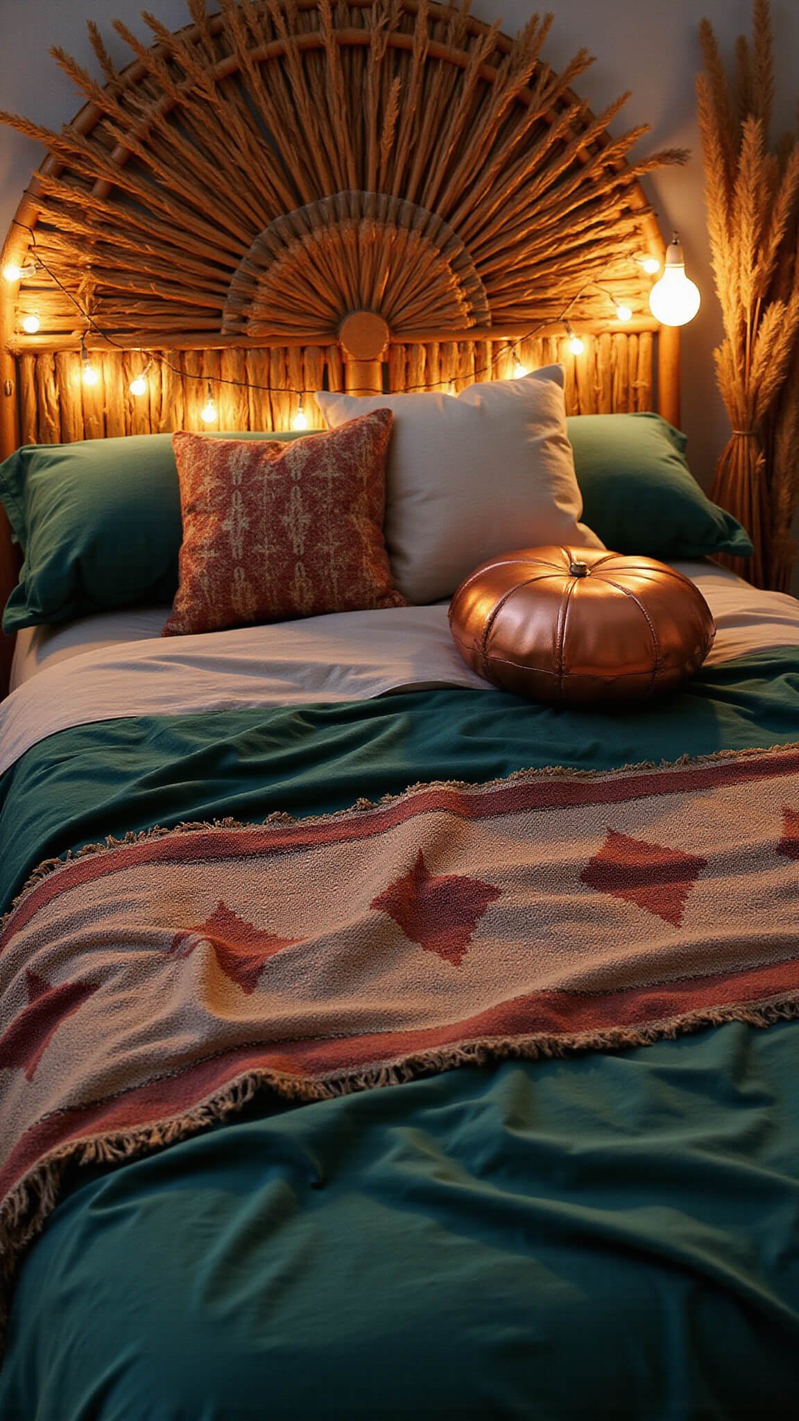 Bohemian bed with emerald green velvet duvet, mud cloth pillows, Moroccan wedding blanket, rattan headboard with pampas grass, and warm string lights.