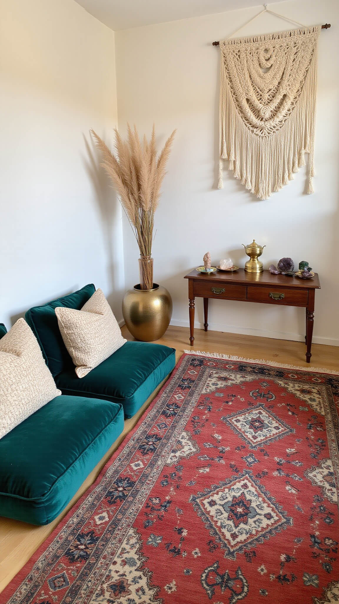 Meditation corner with emerald velvet cushions, Moroccan rug, crystal display on wooden table, and macramé wall hanging in soft sunrise light.