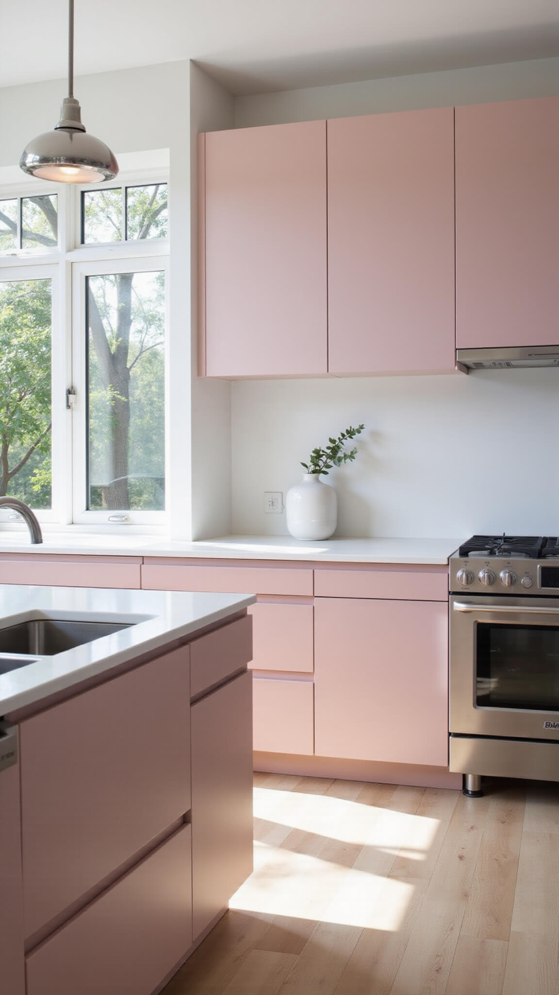 Modern minimalist pink kitchen with matte pink cabinets, white quartz countertops, stainless steel appliances, and a central island under chrome pendant lights, bathed in morning sunlight through floor-to-ceiling windows.