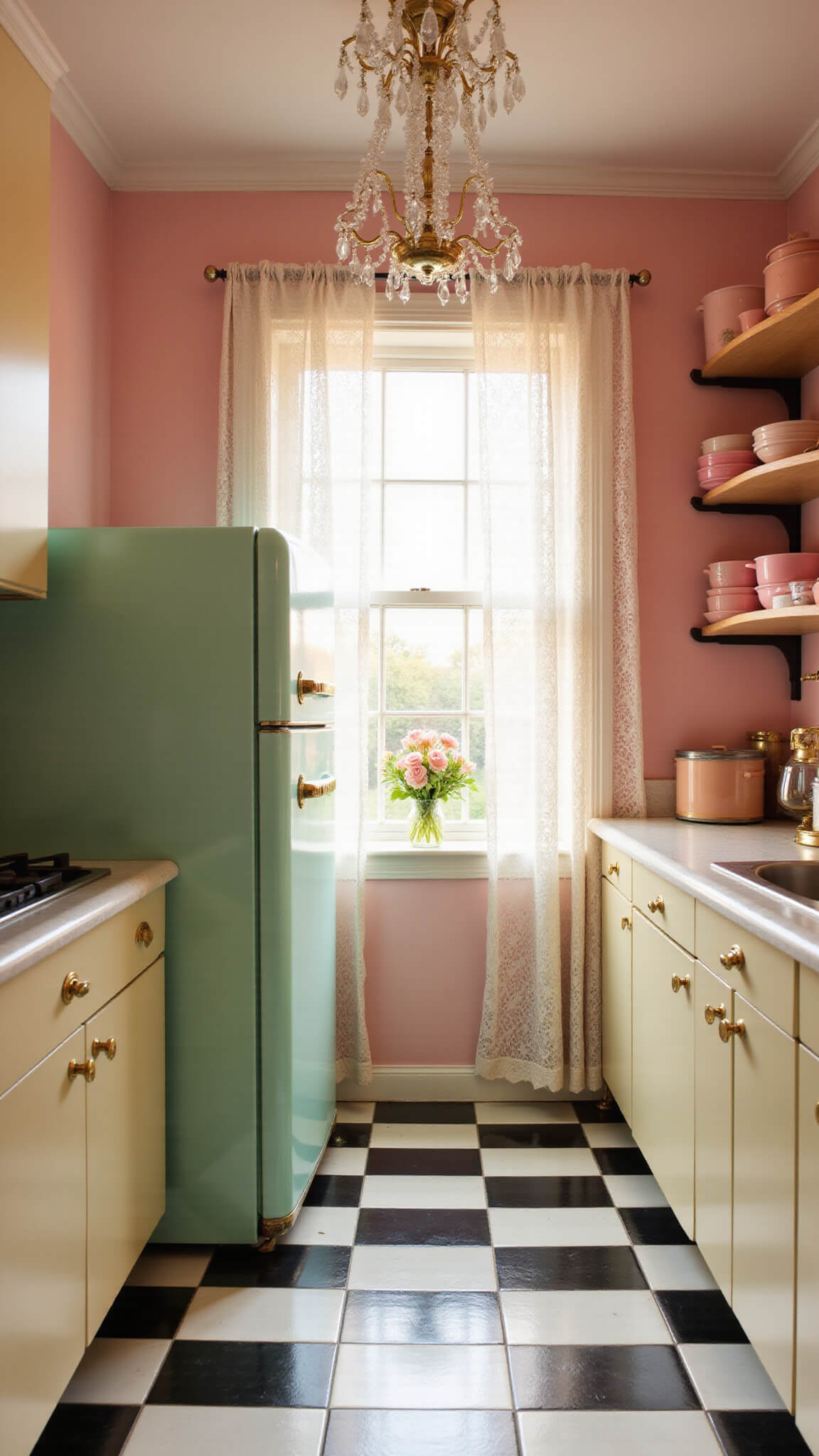 Eye-level view of a cozy vintage kitchen with blush pink walls, mint green 1950s refrigerator, cream cabinets with brass hardware, black and white checkered floor, crystal chandelier, and vintage pink Pyrex on open shelves.