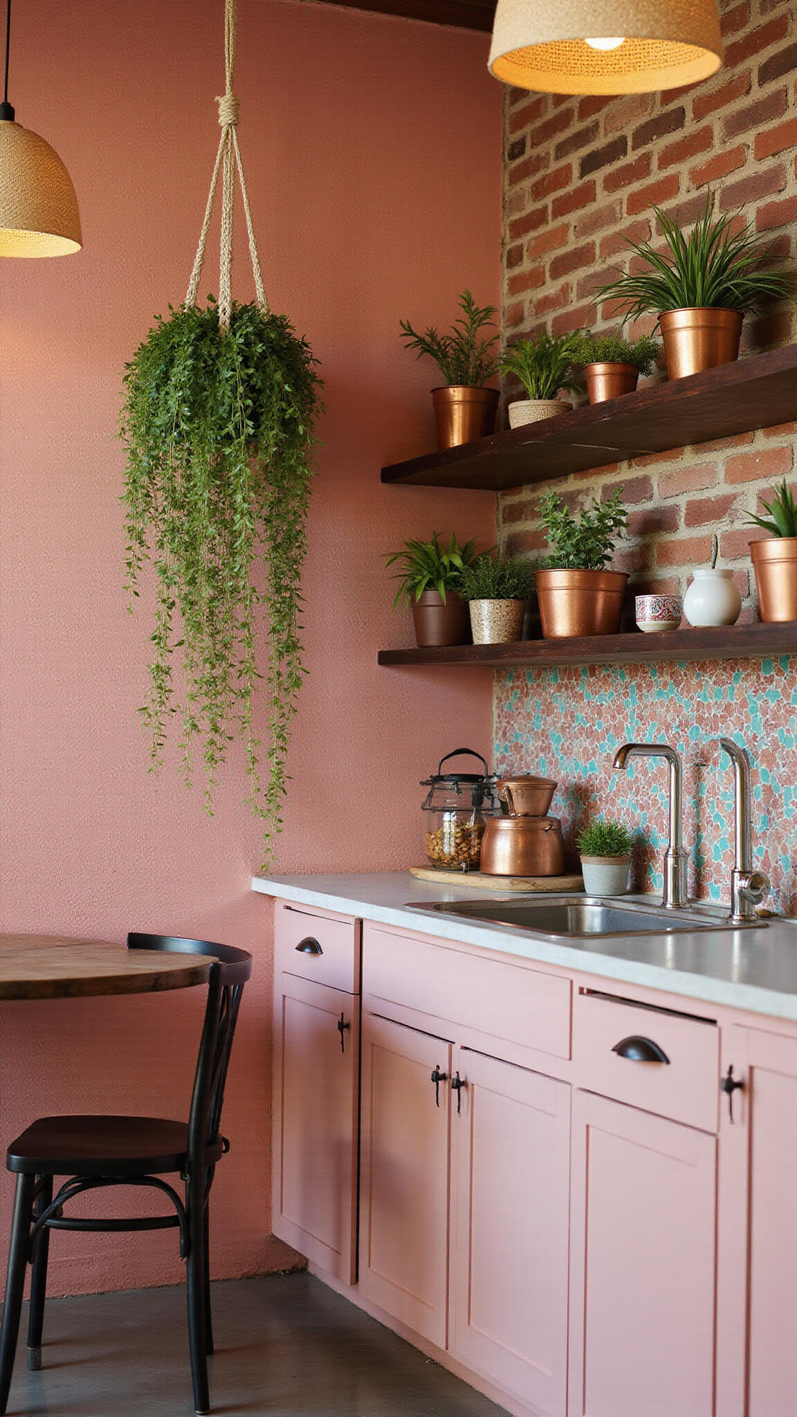 Low-angle view of an eclectic pink kitchen with terracotta brick wall, cascading hanging plants, copper pots on dark wood shelves, Moroccan tile backsplash, and rattan pendant lights.