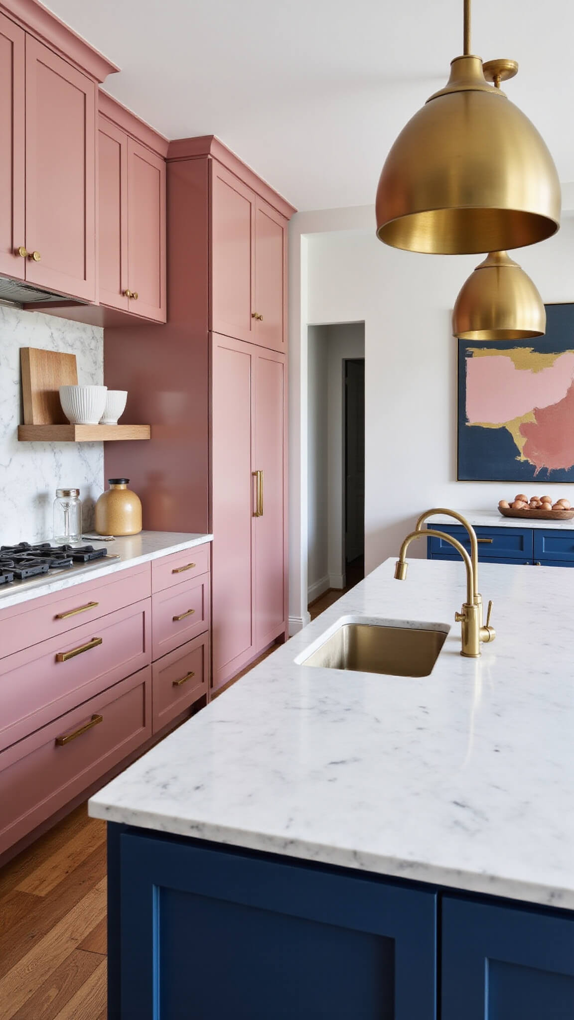 High-angle view of a bold, sophisticated luxury kitchen with high-gloss pink cabinets, navy blue island, white marble countertops, brass fixtures, abstract art, and geometric pendant lights.