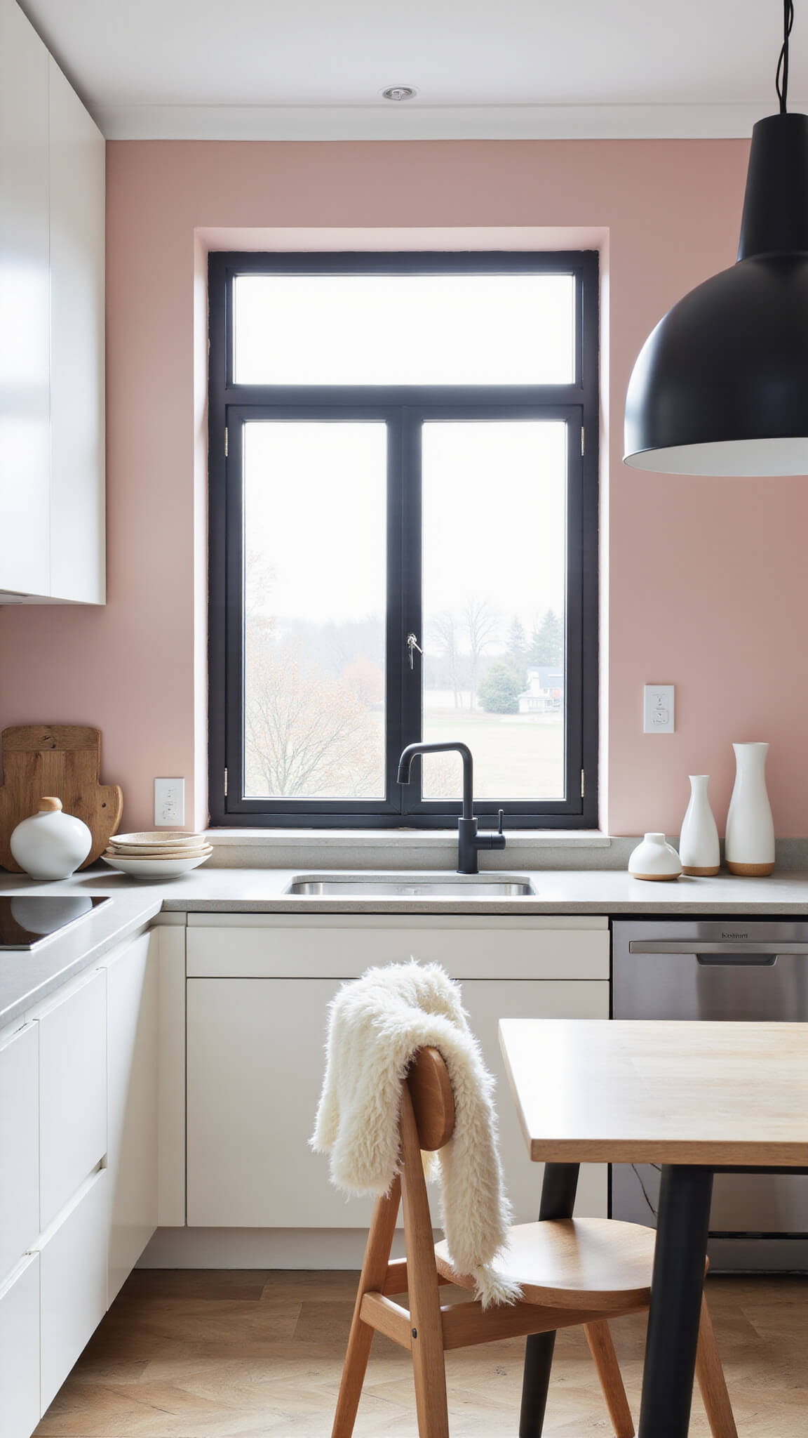 Minimalist pink Scandinavian kitchen with pale pink walls, white oak cabinets, black window frames, concrete countertops, and natural light creating soft shadows.