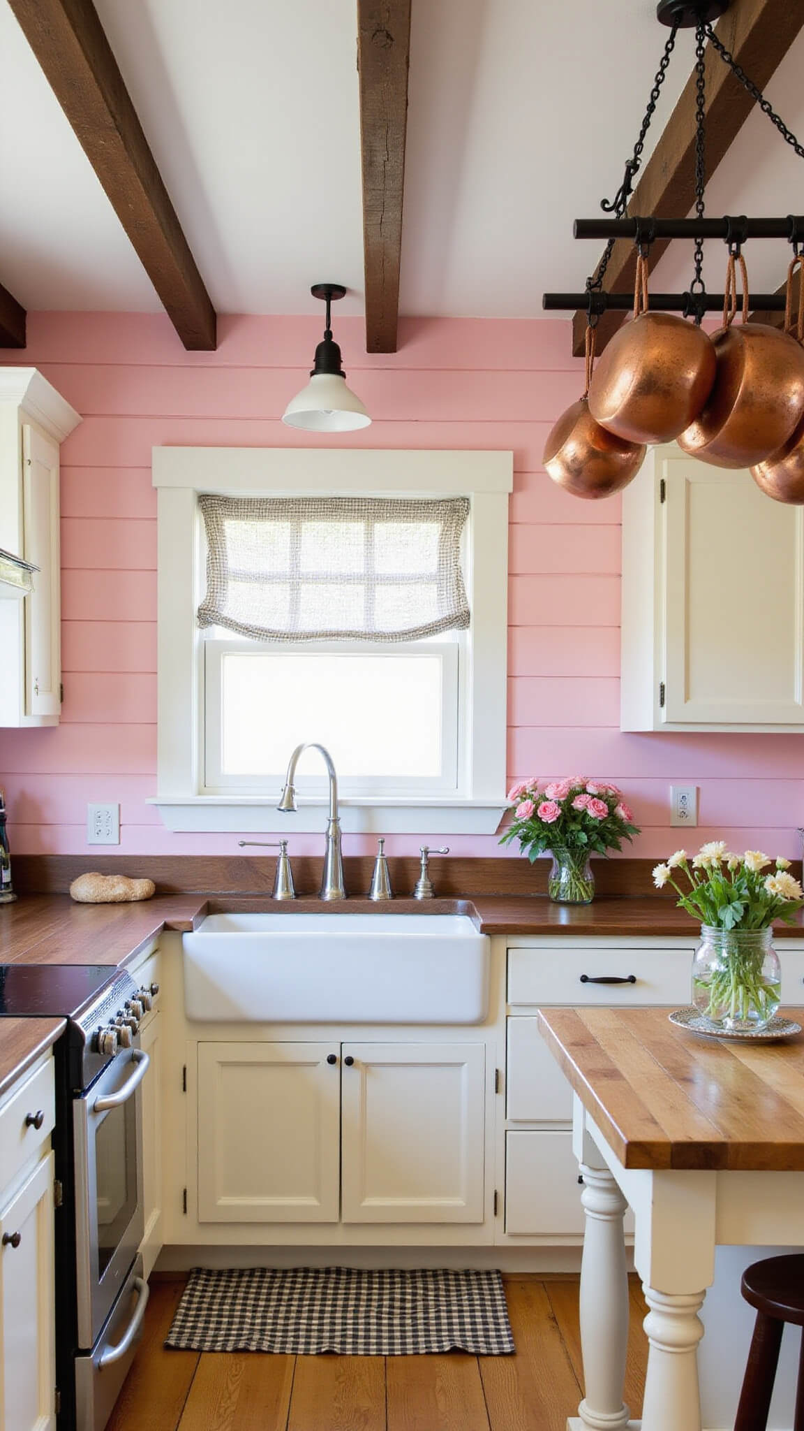 Cozy pink farmhouse kitchen with cream cabinets, butcher block island, copper pots, and vintage decor in natural morning light.