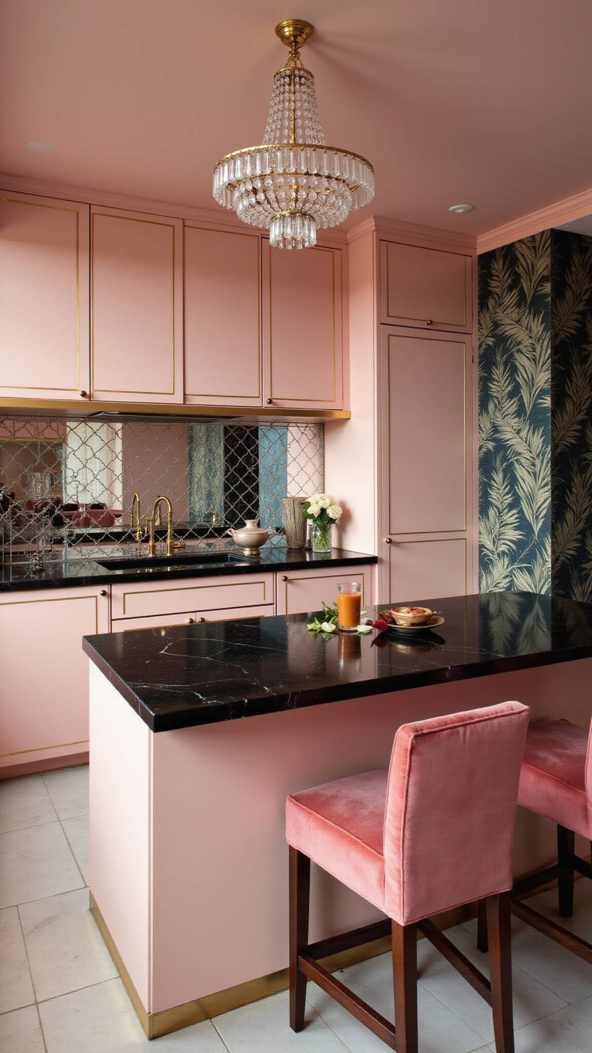 Luxurious Art Deco pink kitchen with black marble countertops, mirrored backsplash, crystal chandelier, and velvet rose bar stools.