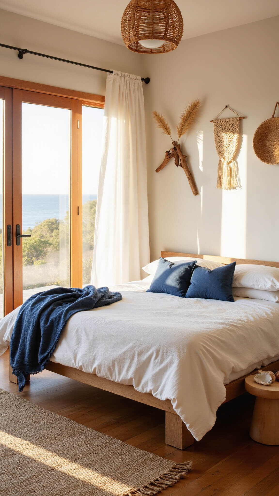 Sunlit boho bedroom with teak platform bed, white linen curtains, indigo throws, rattan lighting, and coastal decor at golden hour.