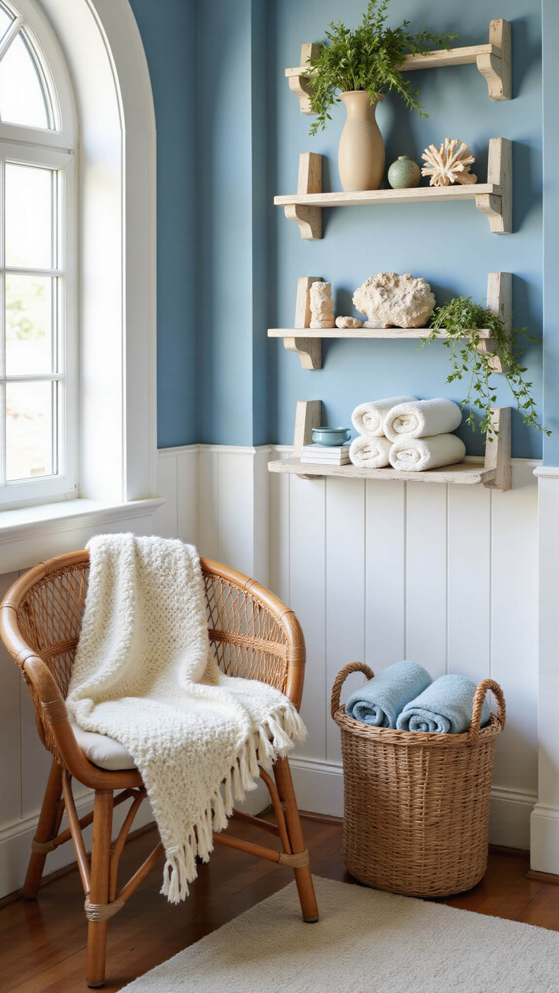 Cozy coastal bedroom nook with rattan chair, sea-themed decor, and arched window bathed in early morning light.