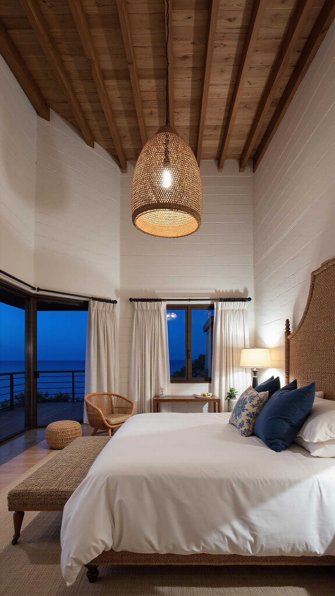 Dramatic dusk view of coastal master bedroom with exposed beams, rattan accents, macramé headboard, and ocean view in moody blue-hour light.