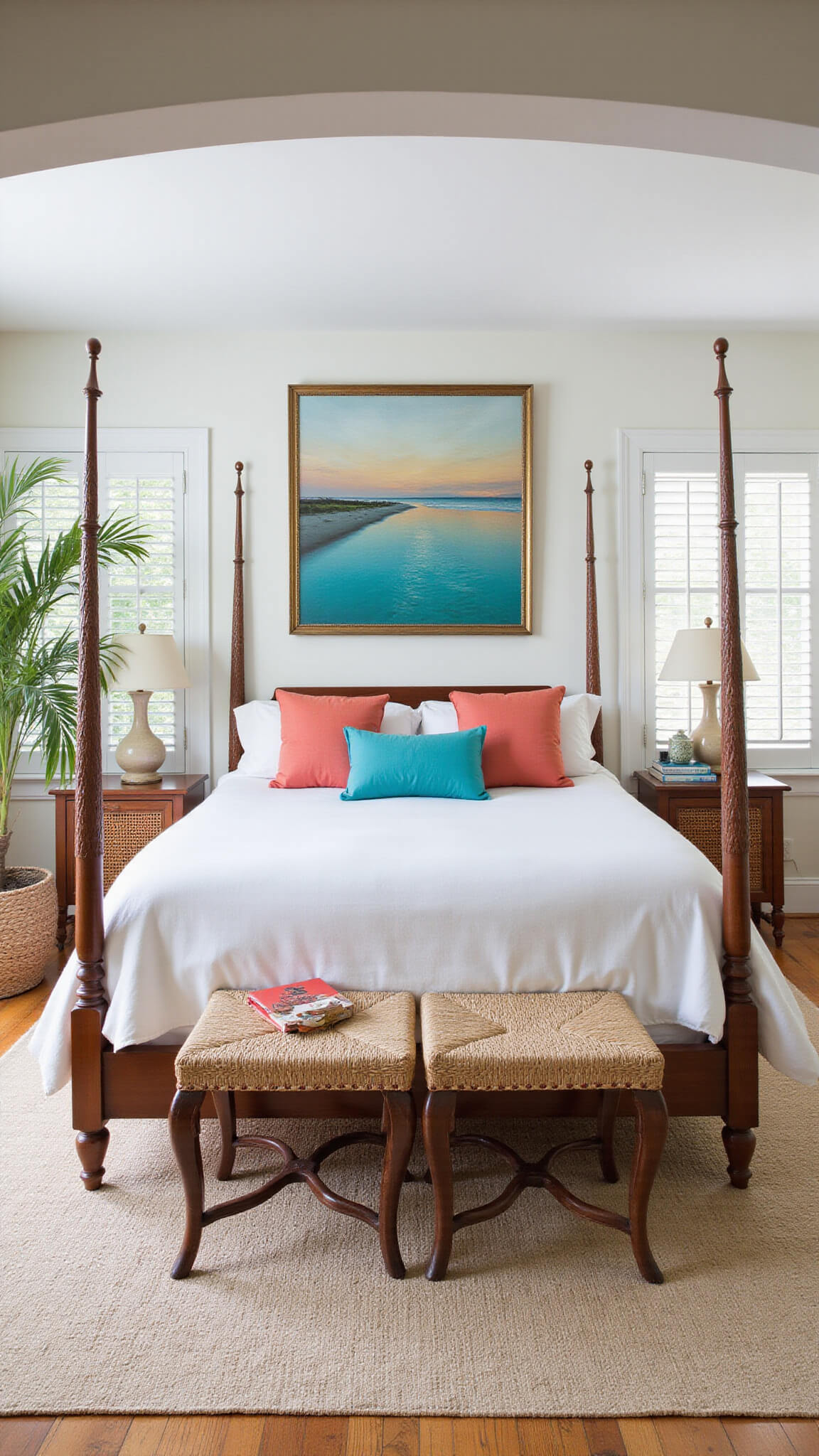 Bright, airy 15x18ft bedroom with four-poster bed, coastal decor, plantation shutters, abstract beach art, layered rugs, rattan furniture, and potted palm.