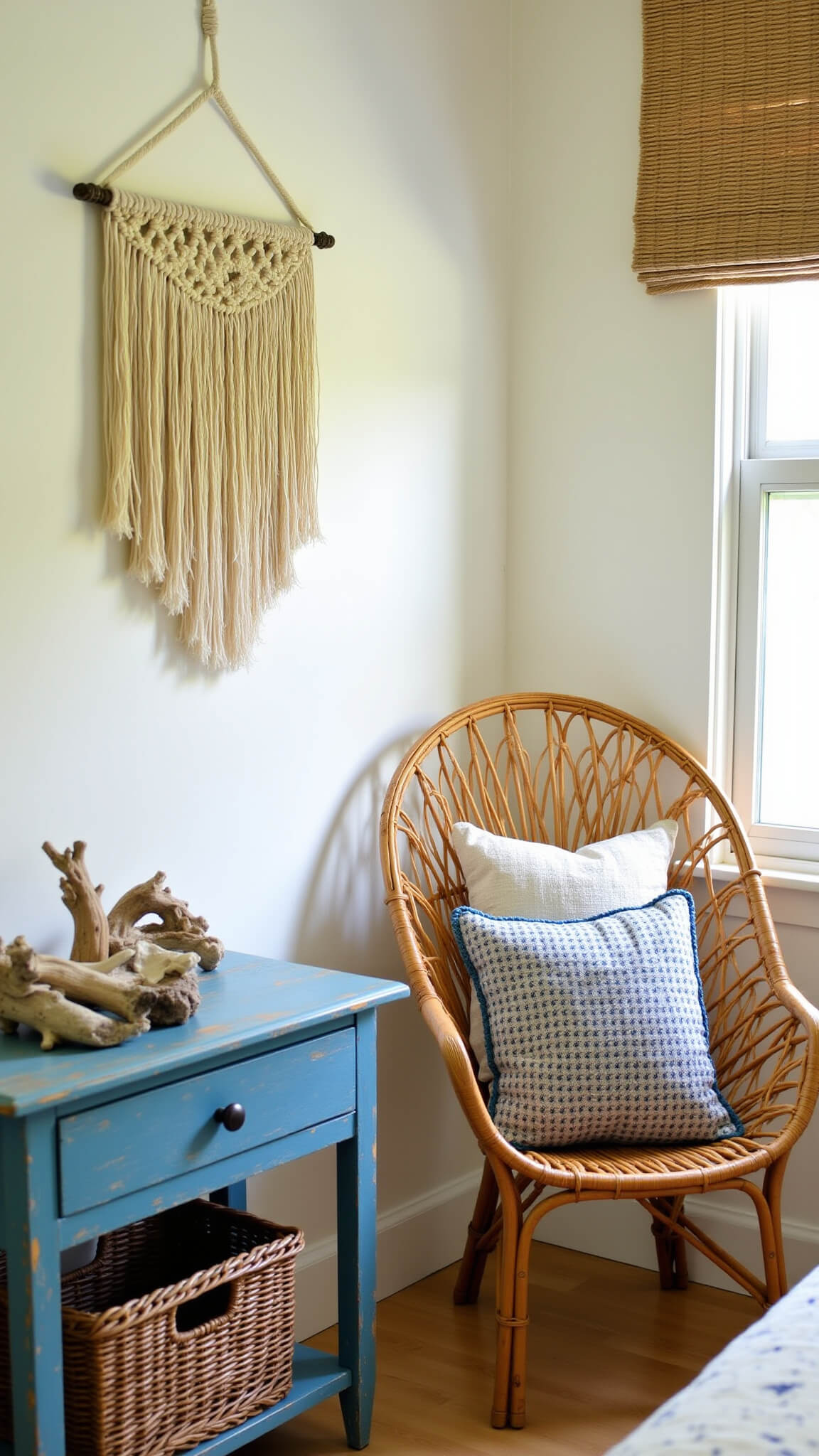 Cozy bedroom corner with vintage rattan peacock chair, macramé wall hanging, driftwood decor on distressed blue console, and warm filtered light through natural roman shade.
