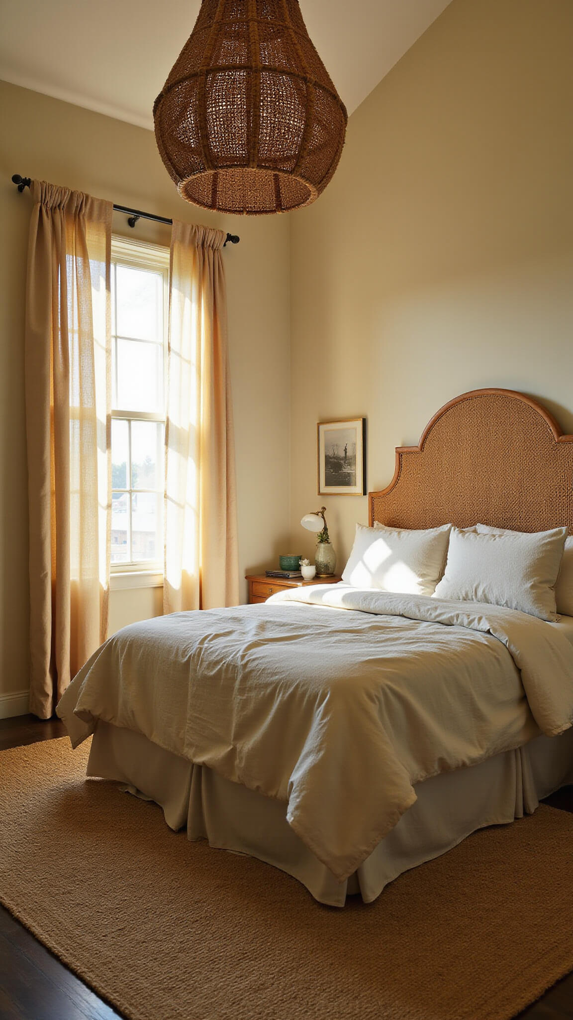 Sunlit bedroom with cathedral ceiling, linen bedding in sand and seafoam tones, woven headboard, vintage kilim rug over seagrass matting, and rattan pendant casting morning shadows.