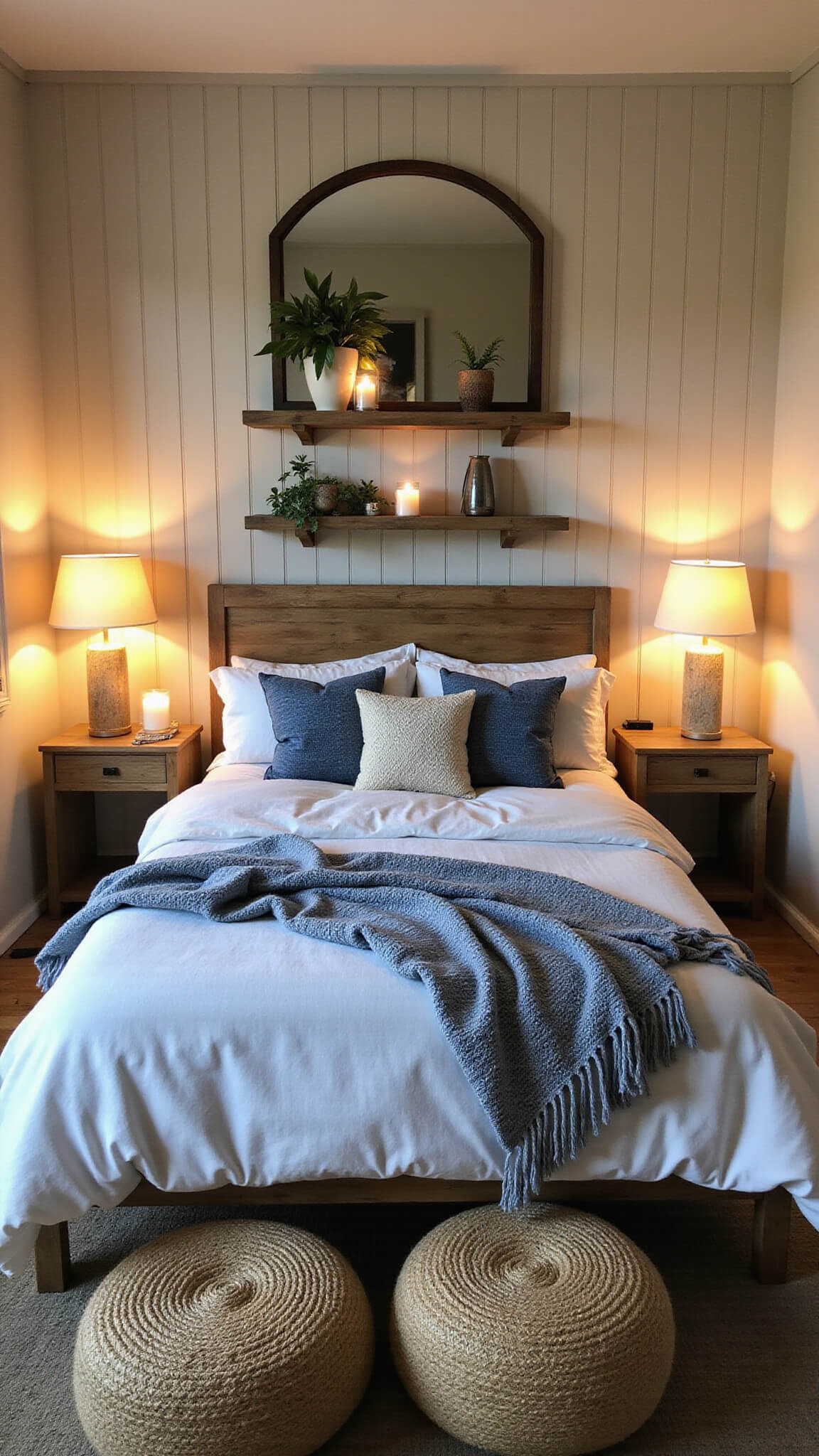 Cozy bedroom with board and batten walls, warm lamp light, layered indigo and white bedding, arched mirror reflecting candlelight, wood shelves with pottery and air plants, and textured jute poufs.