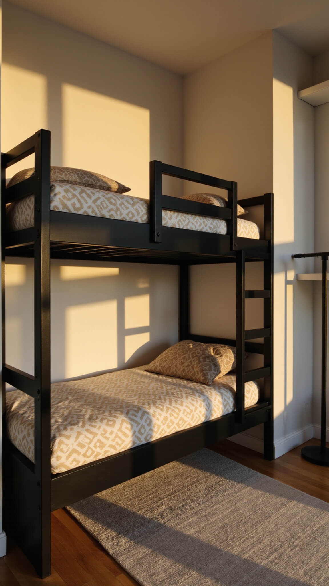 Low-angle view of compact 8'x10' bedroom with black loft bed, built-in desk, ivory walls, floating white shelves, slim clothing rack, and neutral geometric decor bathed in golden hour light.