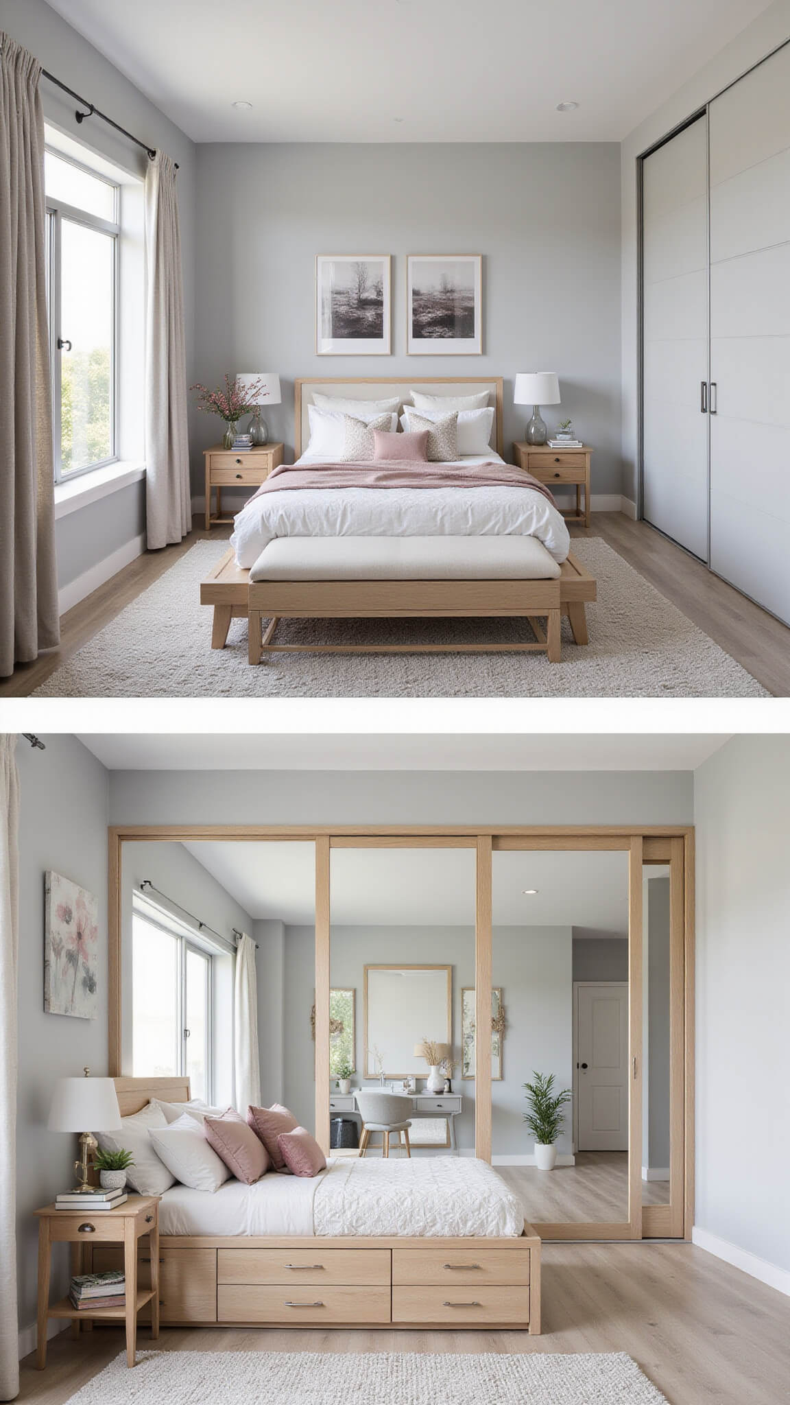 Overhead view of 9'x11' bedroom with platform bed, mirrored closet doors, multifunctional console, and layered white and dusty rose bedding.