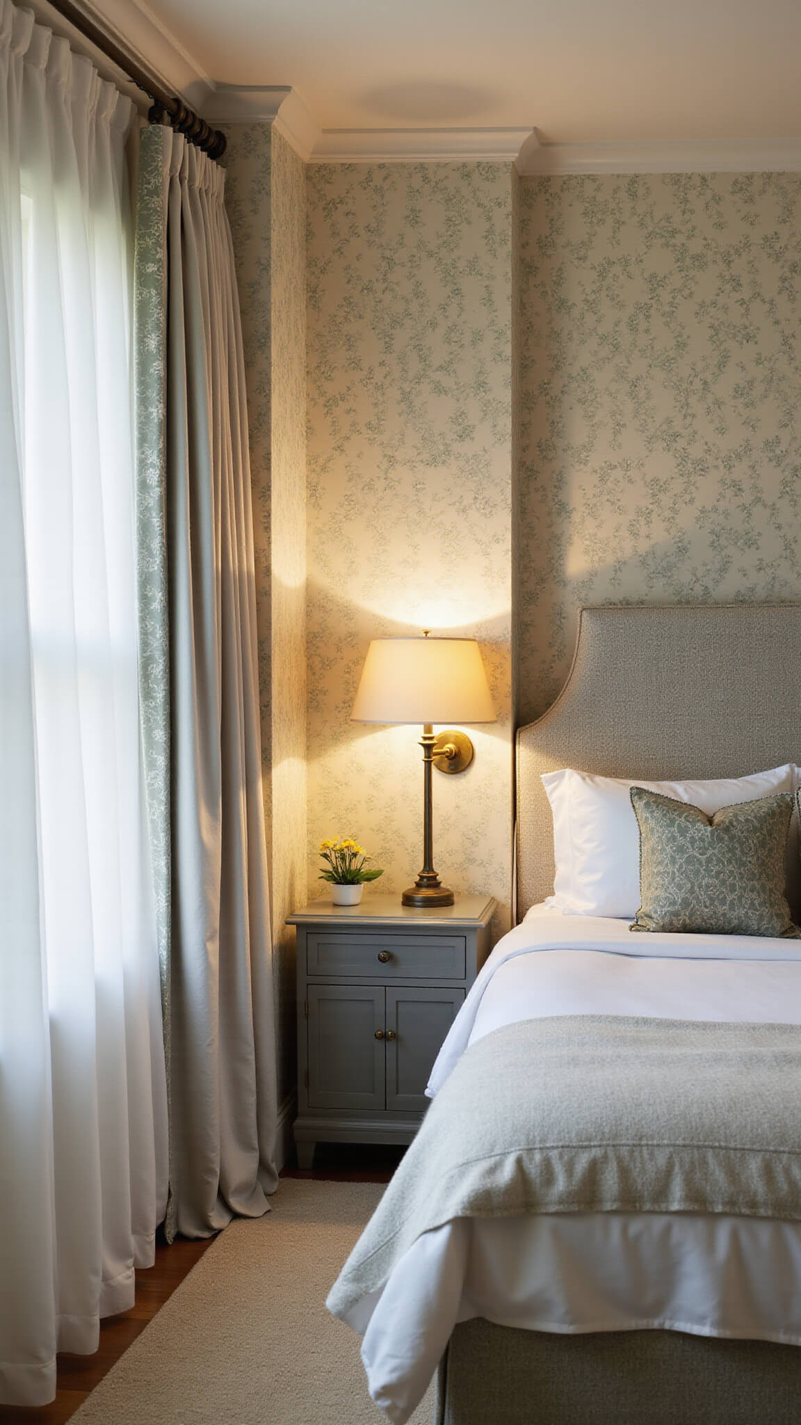 Cozy 10'x10' bedroom at dusk with cream and sage botanical wallpaper, built-in bed nook with hidden storage, brass sconces, sheer white drapes, and warm moody lighting.