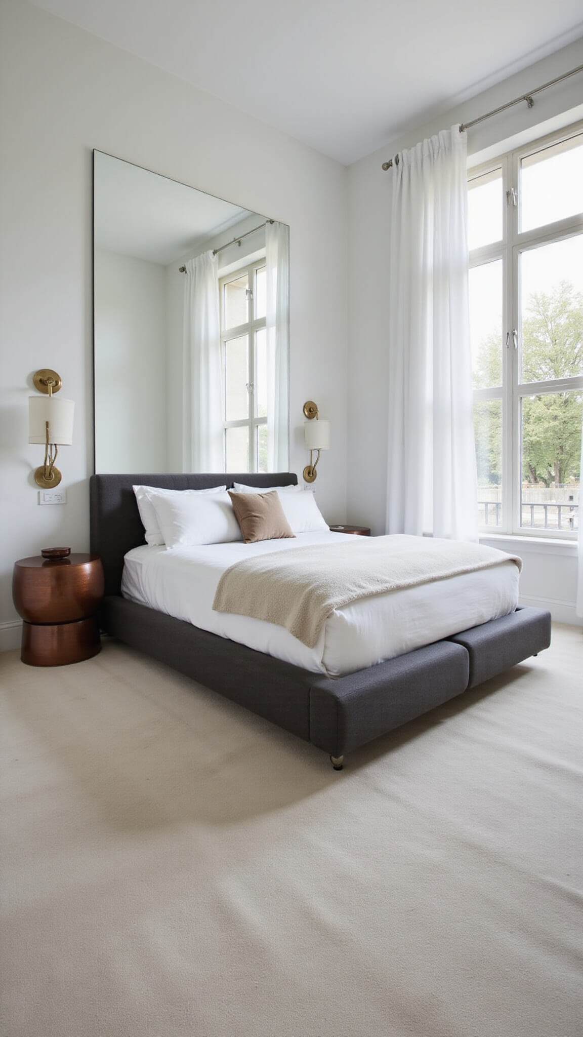 Modern 9'x12' bedroom with white walls, floor-to-ceiling mirror reflecting window light, charcoal platform bed, and metallic copper and brass accents.
