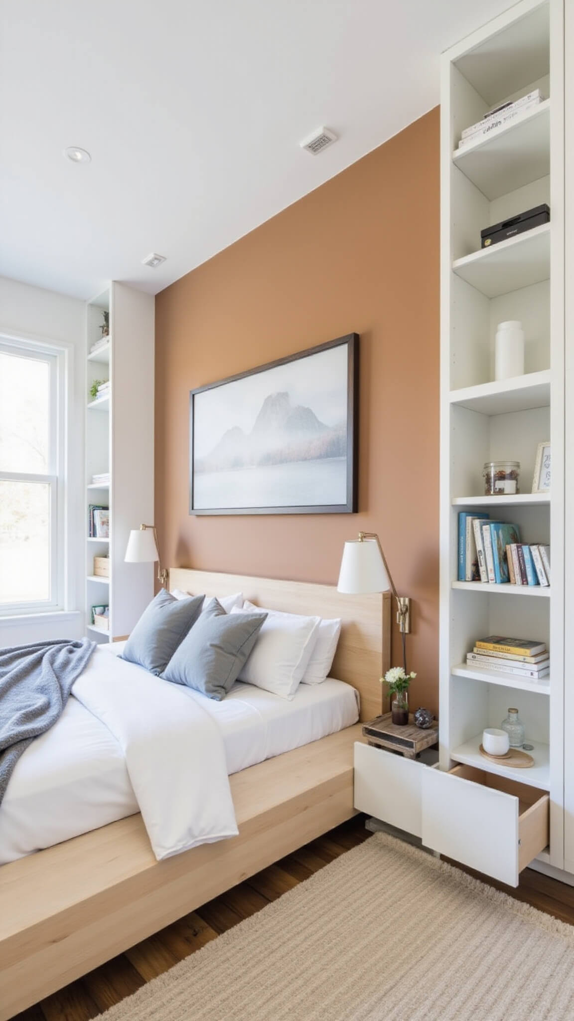 Minimalist 8'x10' bedroom with white walls and pale terracotta accent, featuring floor-to-ceiling white shelving, light oak twin bed with drawers, and large artwork above bed in natural noon light.