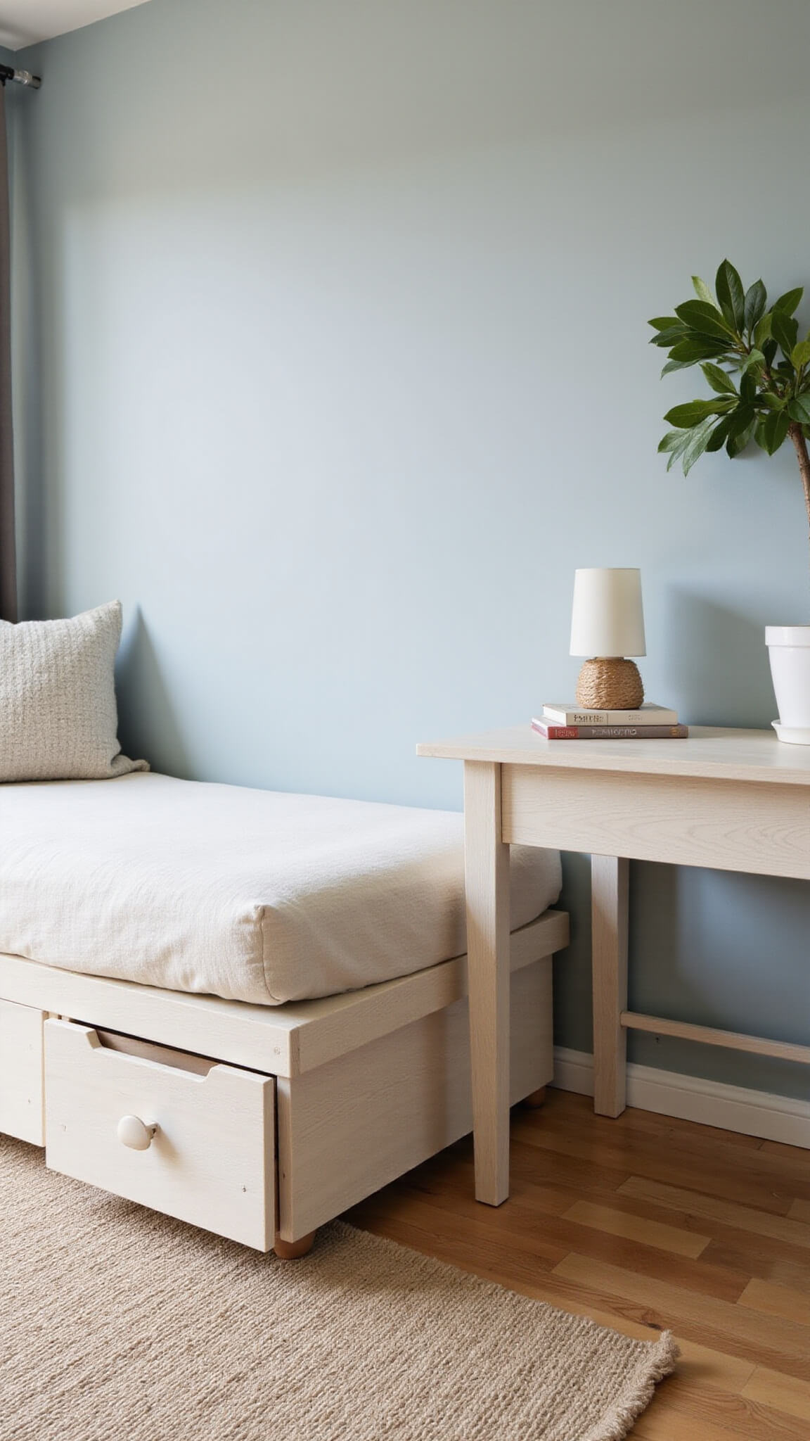 Sunlit 10'x11' bedroom with cream linen daybed featuring storage drawers and trundle, whitewashed oak fold-down desk on blue-gray wall, fiddle leaf fig in corner, and neutral woven textures.