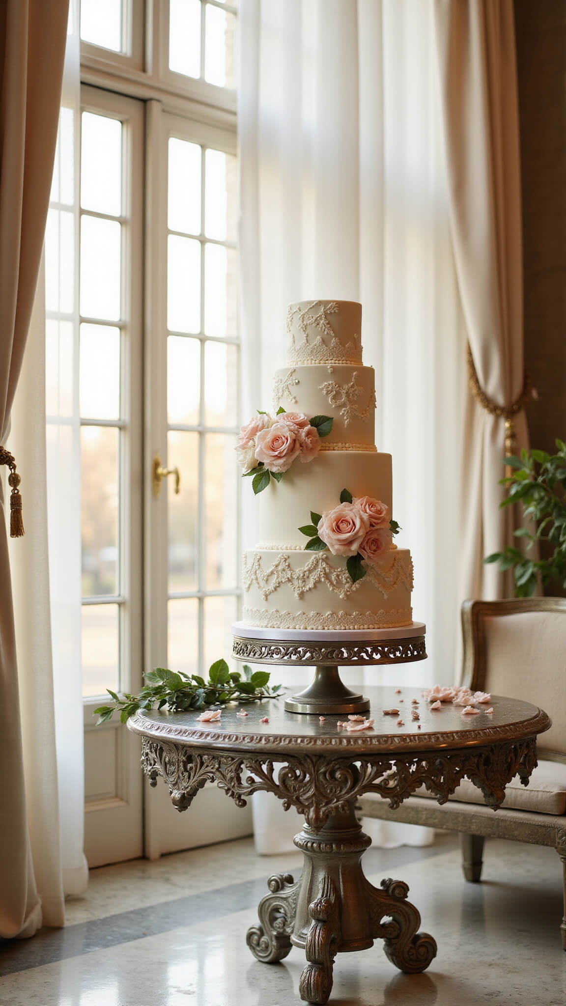 Elegant four-tier wedding cake with lace piping and sugar flowers on antique stand in sunlit venue corner with ivory drapes and marble floor.