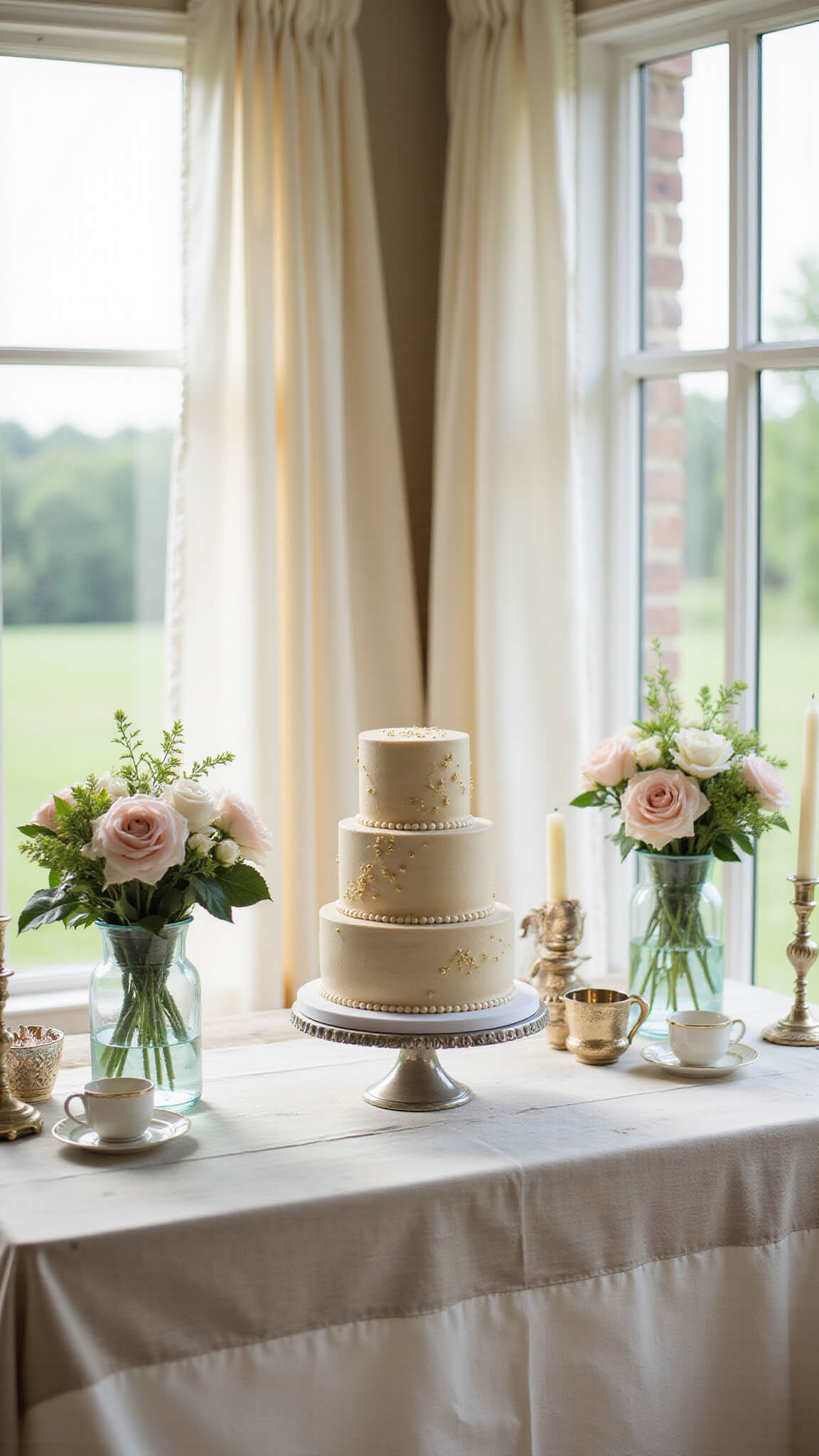 Vintage-inspired dessert station with champagne-toned 3-tier wedding cake on weathered white table, surrounded by roses, teacups, and candleholders in soft afternoon light.
