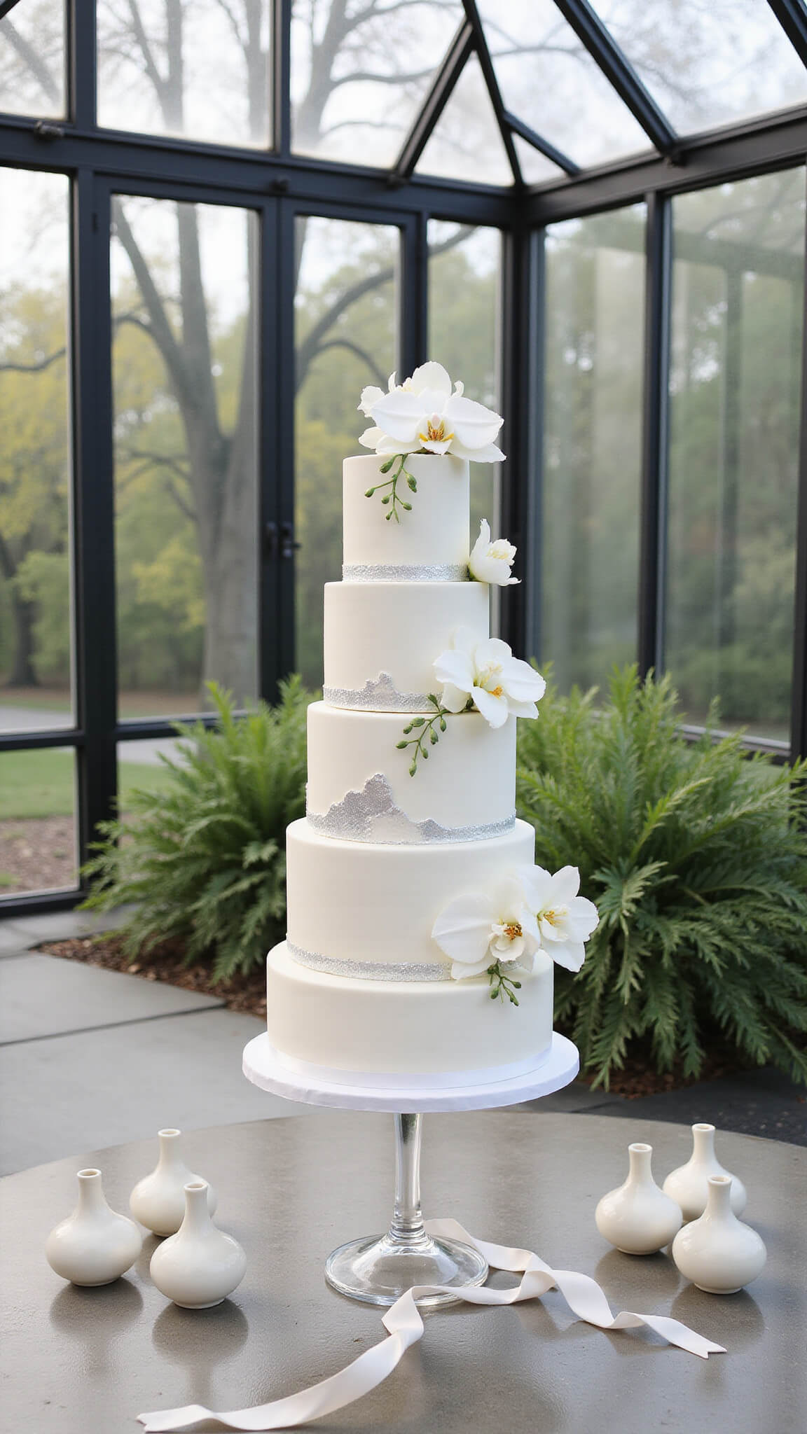 5-tier white fondant cake with silver accents and orchids on acrylic stand in modern conservatory with glass ceiling and morning light.