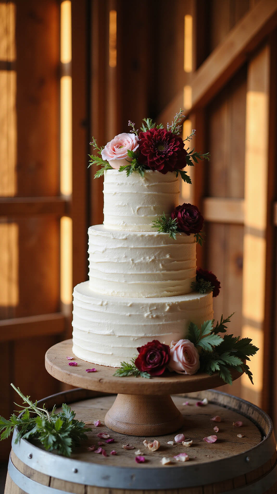 Rustic-elegant barn corner with 4-tier buttercream cake adorned with burgundy and blush florals on vintage barrel, warm sunset light highlighting textured frosting and natural decor.