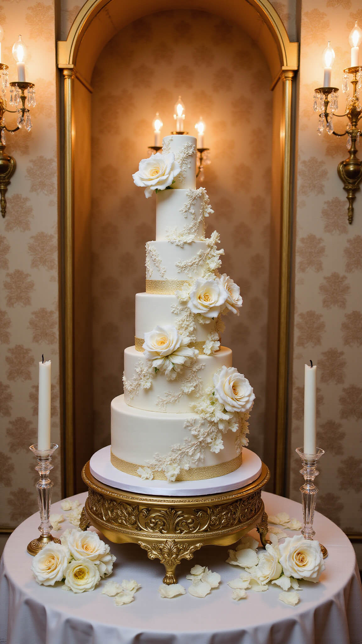 Opulent 6-tier ivory wedding cake with baroque piping and gold accents in a lavish ballroom alcove, surrounded by crystal chandlesticks, silk ribbons, and rose petals.