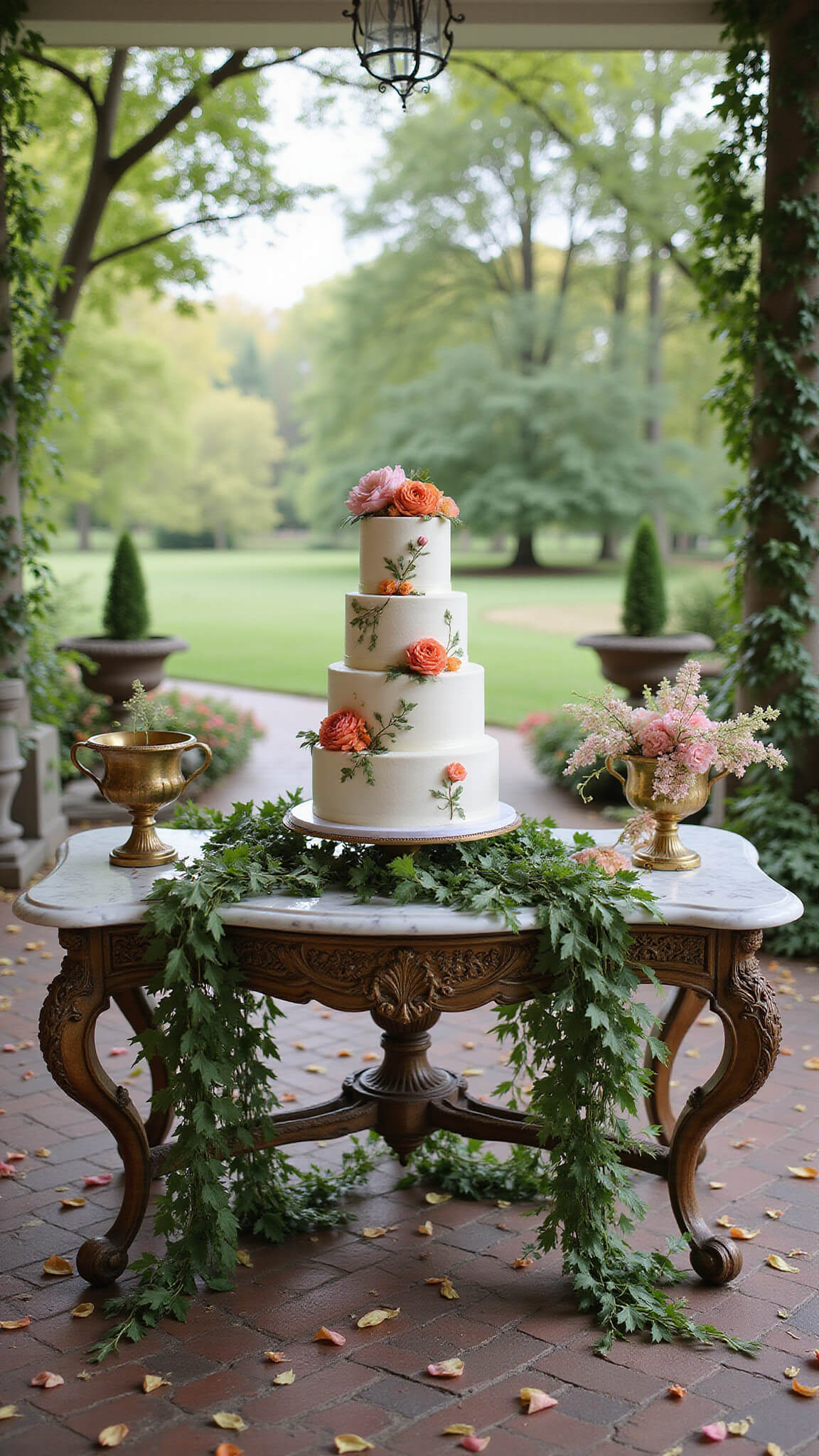 Bird's eye view of garden pavilion with 4-tier botanical cake on marble antique table, surrounded by vintage urns, petals, ivy, and brass decor in dappled sunlight.
