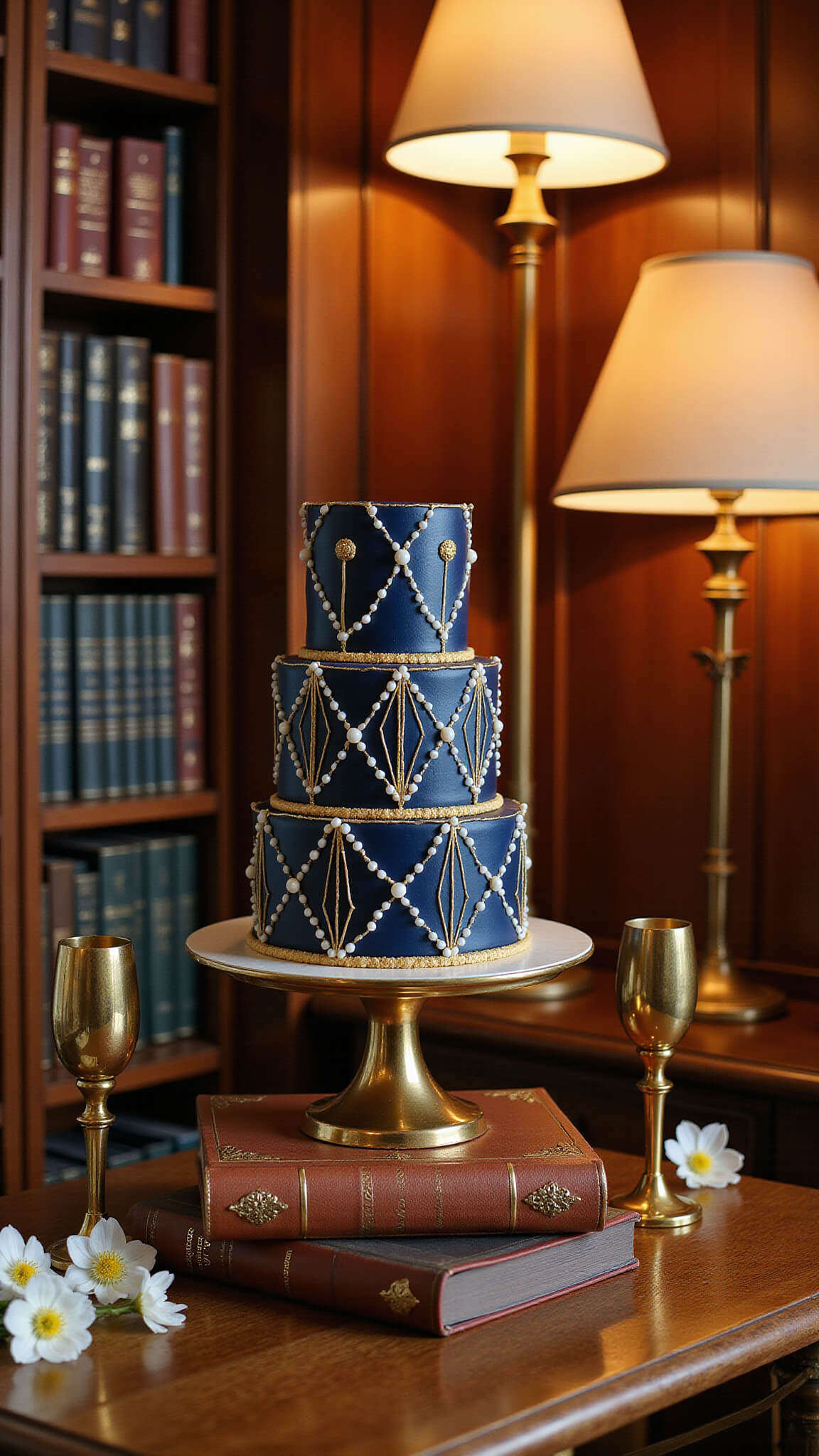 Art Deco-style navy and gold tiered cake on brass stand atop leather books in cozy boutique hotel library with warm lighting, vintage décor, and white anemones.
