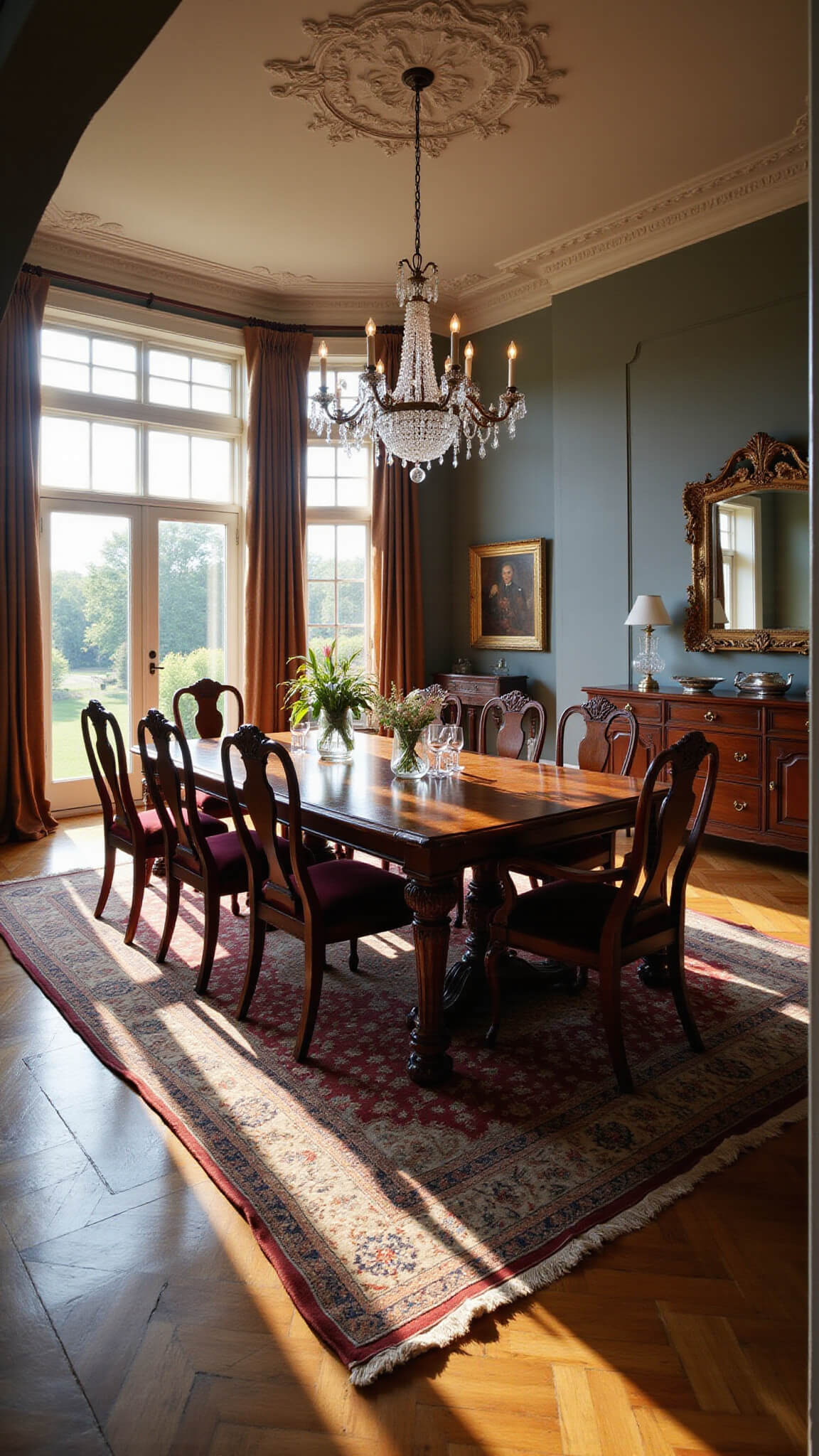 Grand antique dining room with mahogany table, Queen Anne chairs, crystal chandelier, herringbone floor, and golden hour lighting through tall windows.
