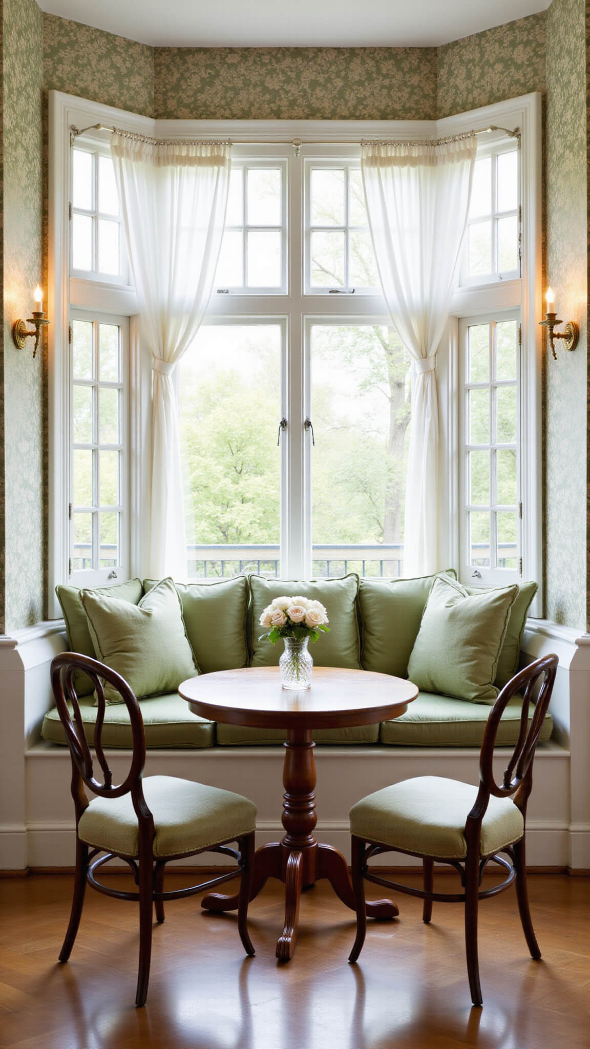 Cozy breakfast nook with Victorian oak table, sage green window seat, vintage wallpaper, and soft morning light through sheer curtains.