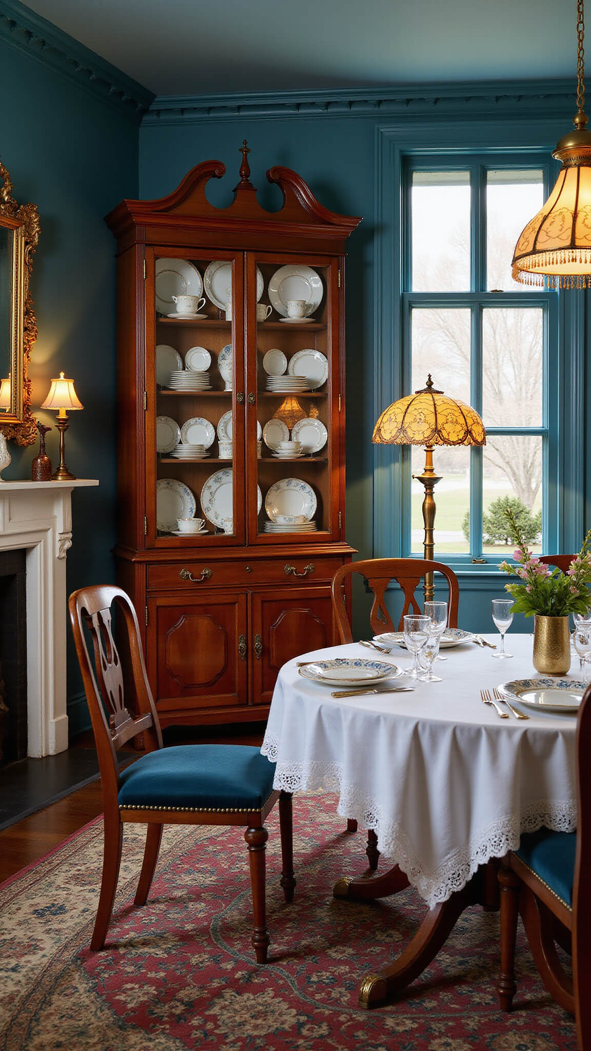 Victorian-style formal dining room with deep blue walls, antique oval table set with lace and Limoges china, flame mahogany breakfront displaying English bone china, and Tiffany-style lamp casting warm light.