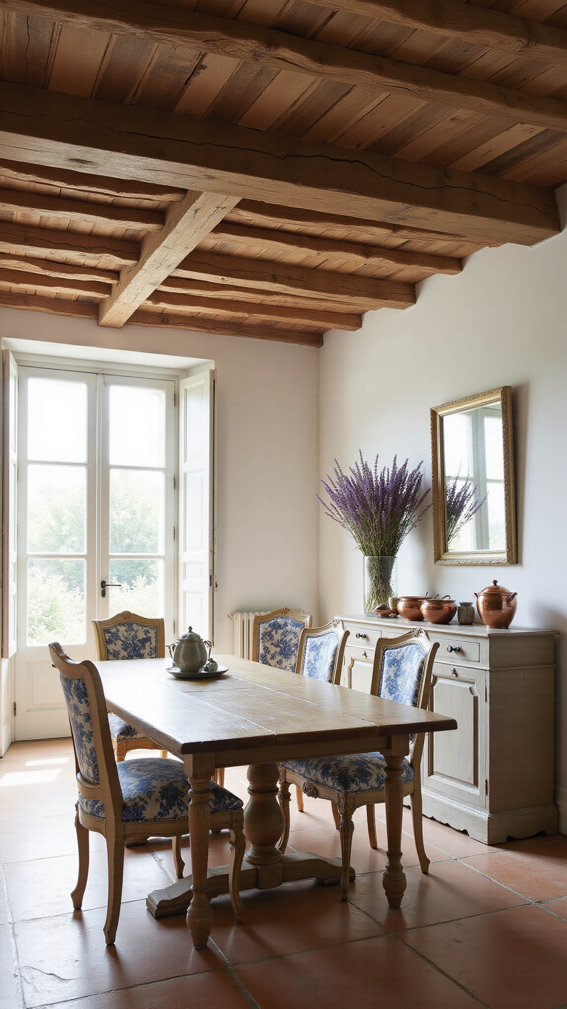French country dining room with rustic oak farm table, Louis XV-style chairs, exposed beams, terracotta tiles, and natural light from French doors.
