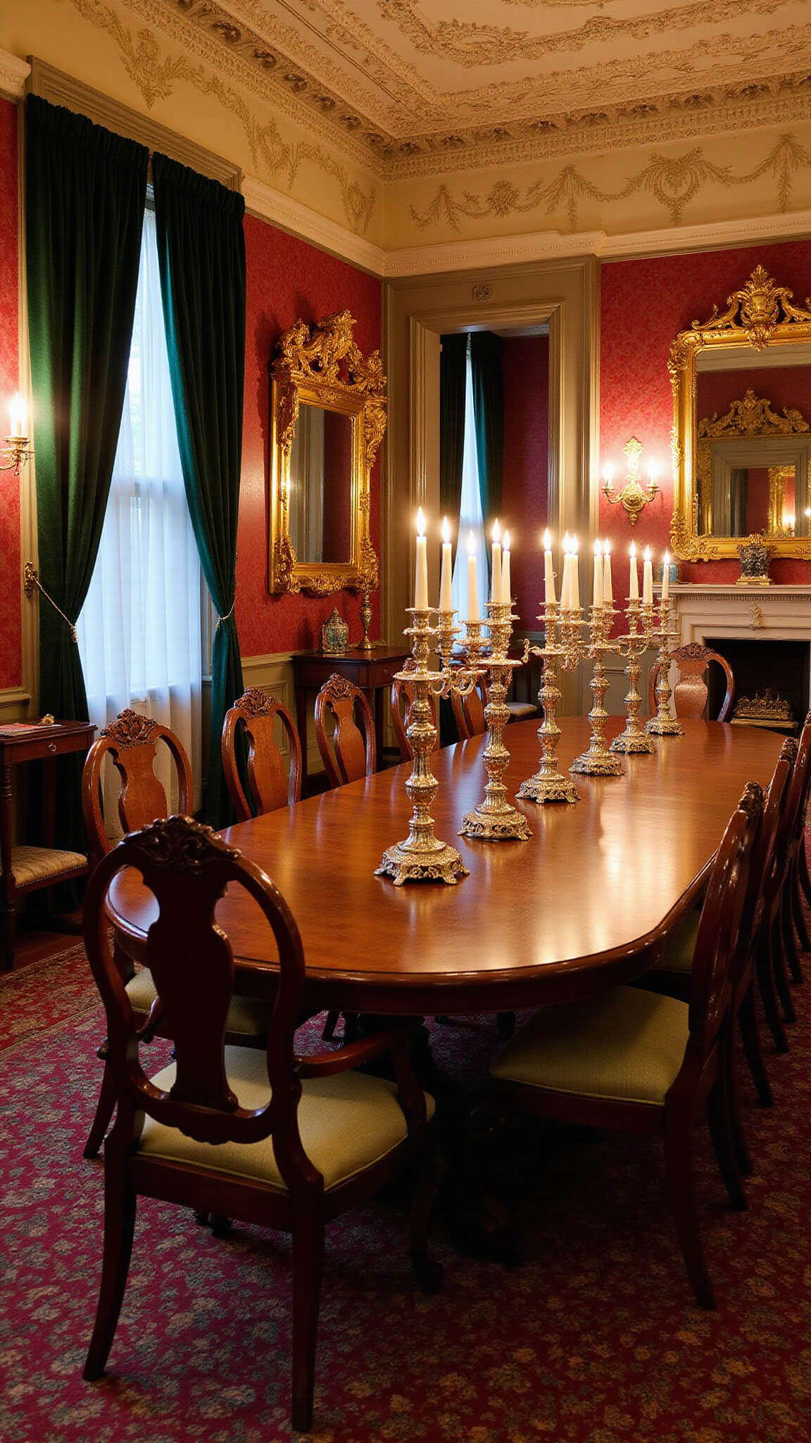 Victorian formal dining room with ornate plasterwork, candlelit mahogany table, emerald velvet drapes, burgundy damask wallpaper, and rich Axminster carpet.