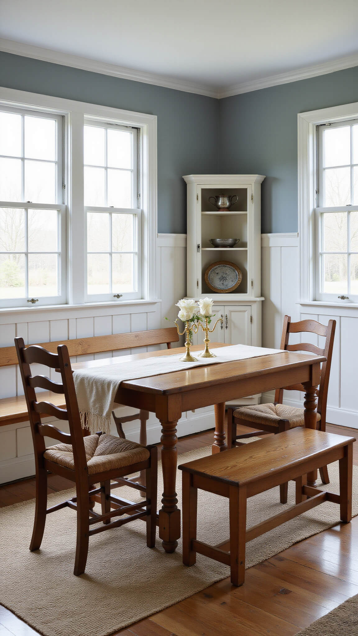 Colonial Revival dining room with cherry shaker table, antique chairs, Windsor bench, and pewter in corner cupboard, bathed in morning light.