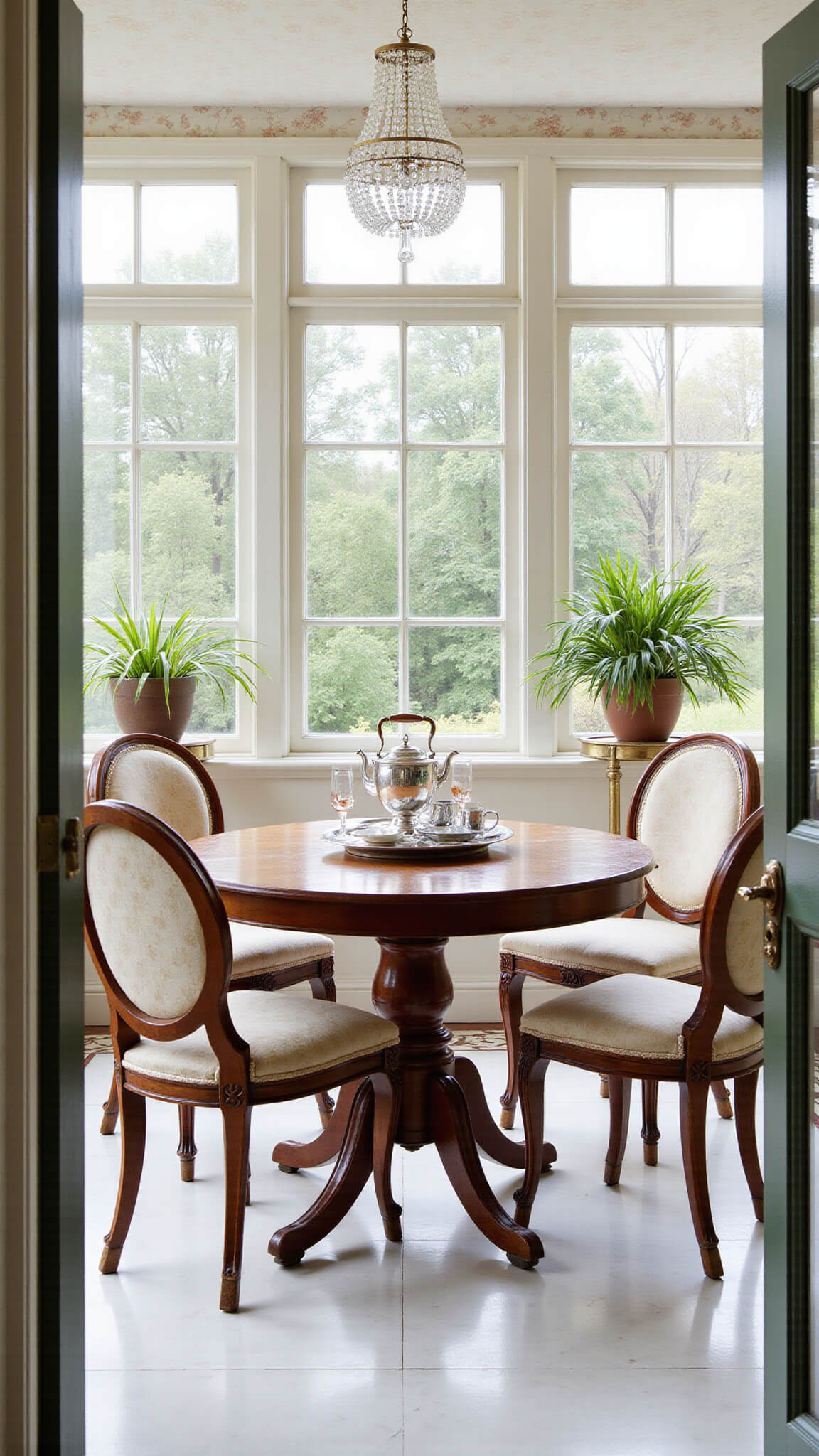 Edwardian breakfast room with circular mahogany table, silk-upholstered chairs, chinoiserie wallpaper, brass potted palms, silver tea service, and crystal pendant light in soft morning sunlight.