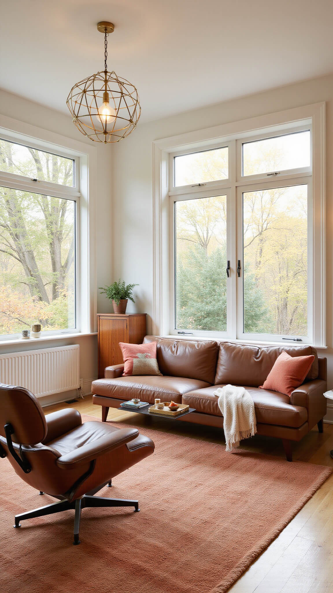 Spacious modern living room with Danish sofa, Eames lounge chair, brass pendant light, and warm golden hour lighting.