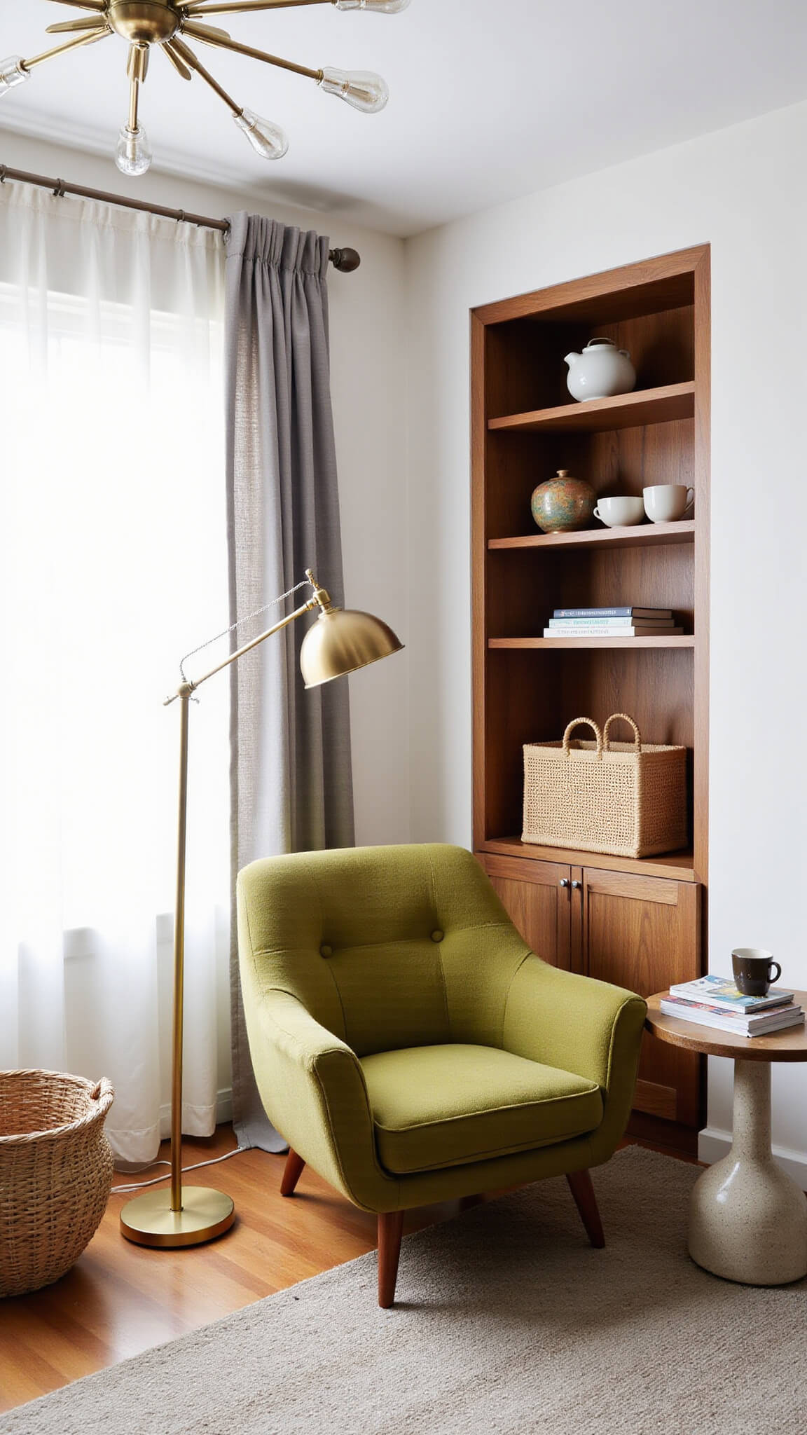 Cozy corner reading nook with olive green Womb chair, brass floor lamp, walnut shelves with vintage pottery, terrazzo side table, and soft morning light through sheer curtains.