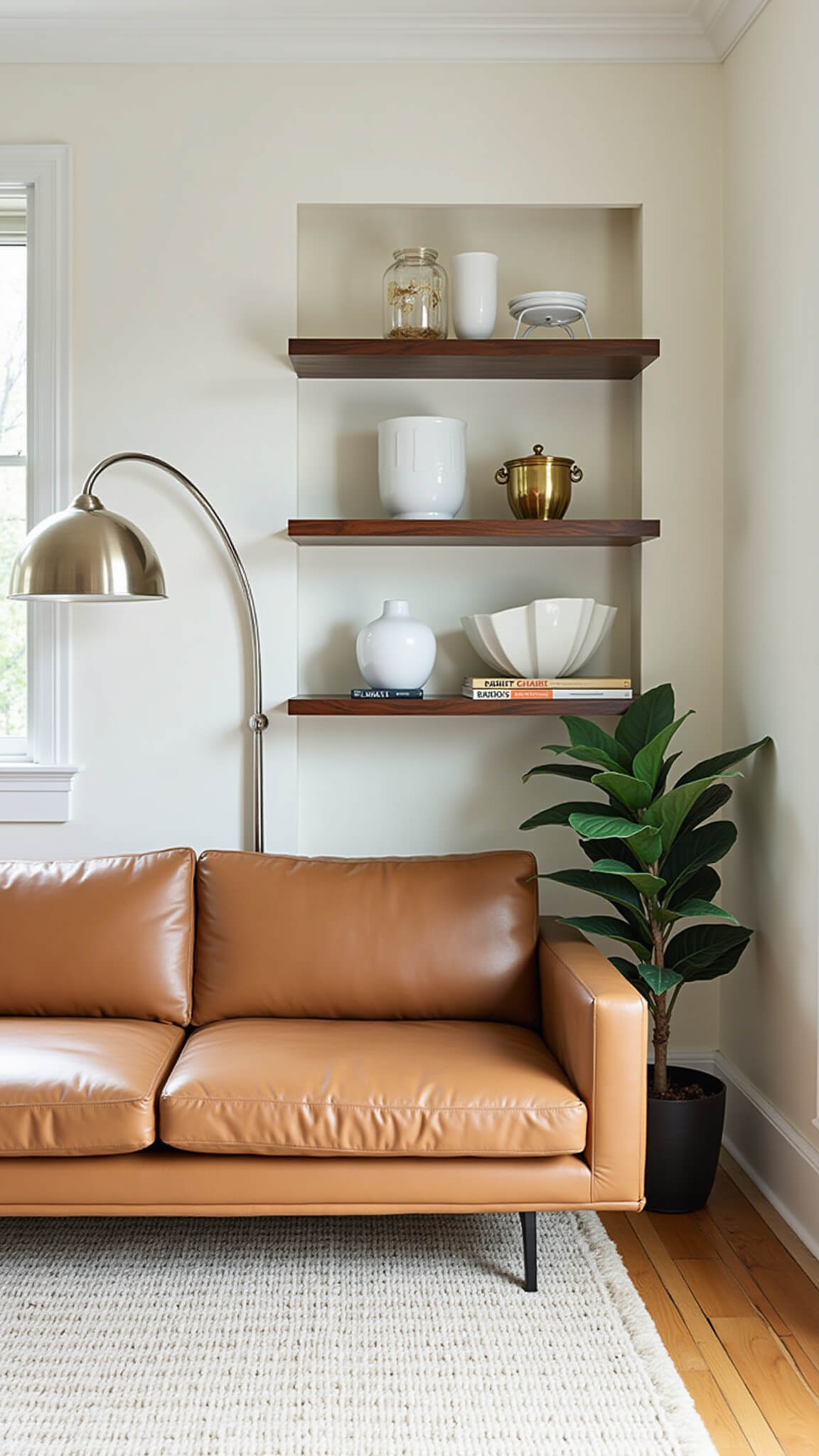 Bright corner of sunlit living room with chrome arc lamp over tan leather sectional, layered ivory rug on hardwood, walnut shelves displaying white ceramics and brass decor, and fiddle leaf fig by floor-to-ceiling windows.