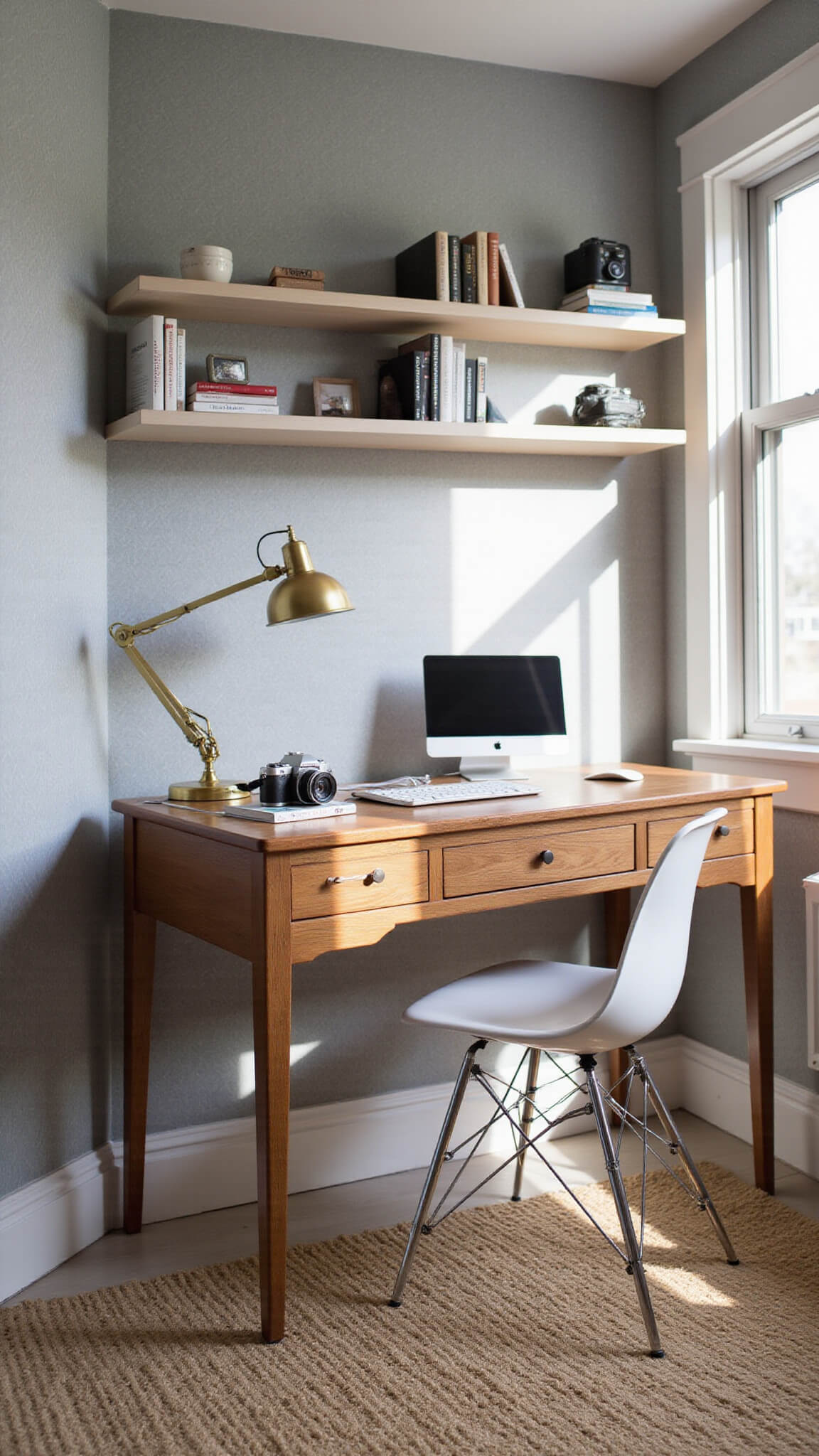 Modern 14x16ft home office with floating walnut desk, aluminum chair, geometric gray wallpaper, and morning light casting shadows across a sisal rug.