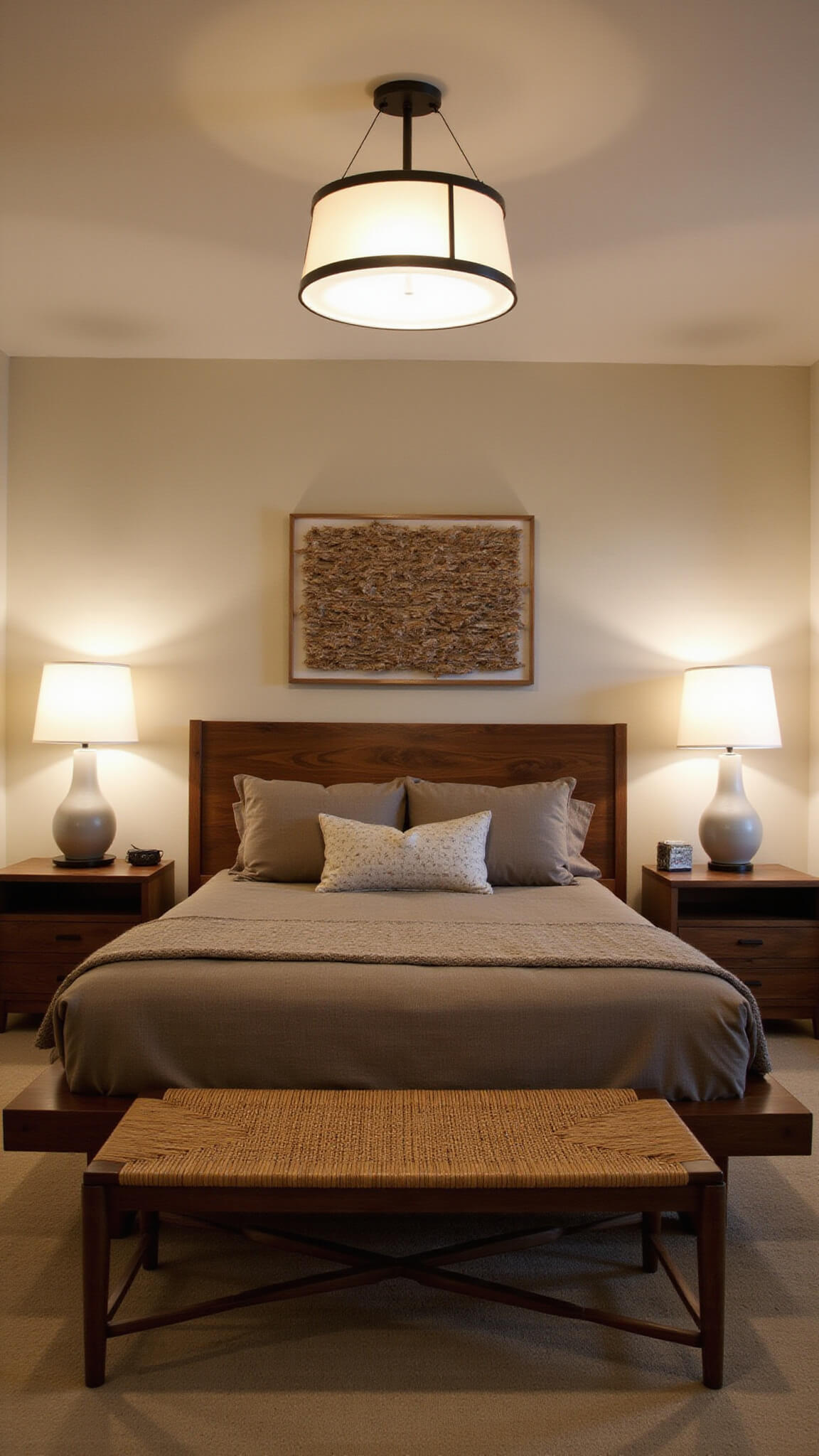 Mid-century style master bedroom at twilight with walnut platform bed, earth-toned linens, ceramic lamps, abstract textile art, and ambient pendant lighting.