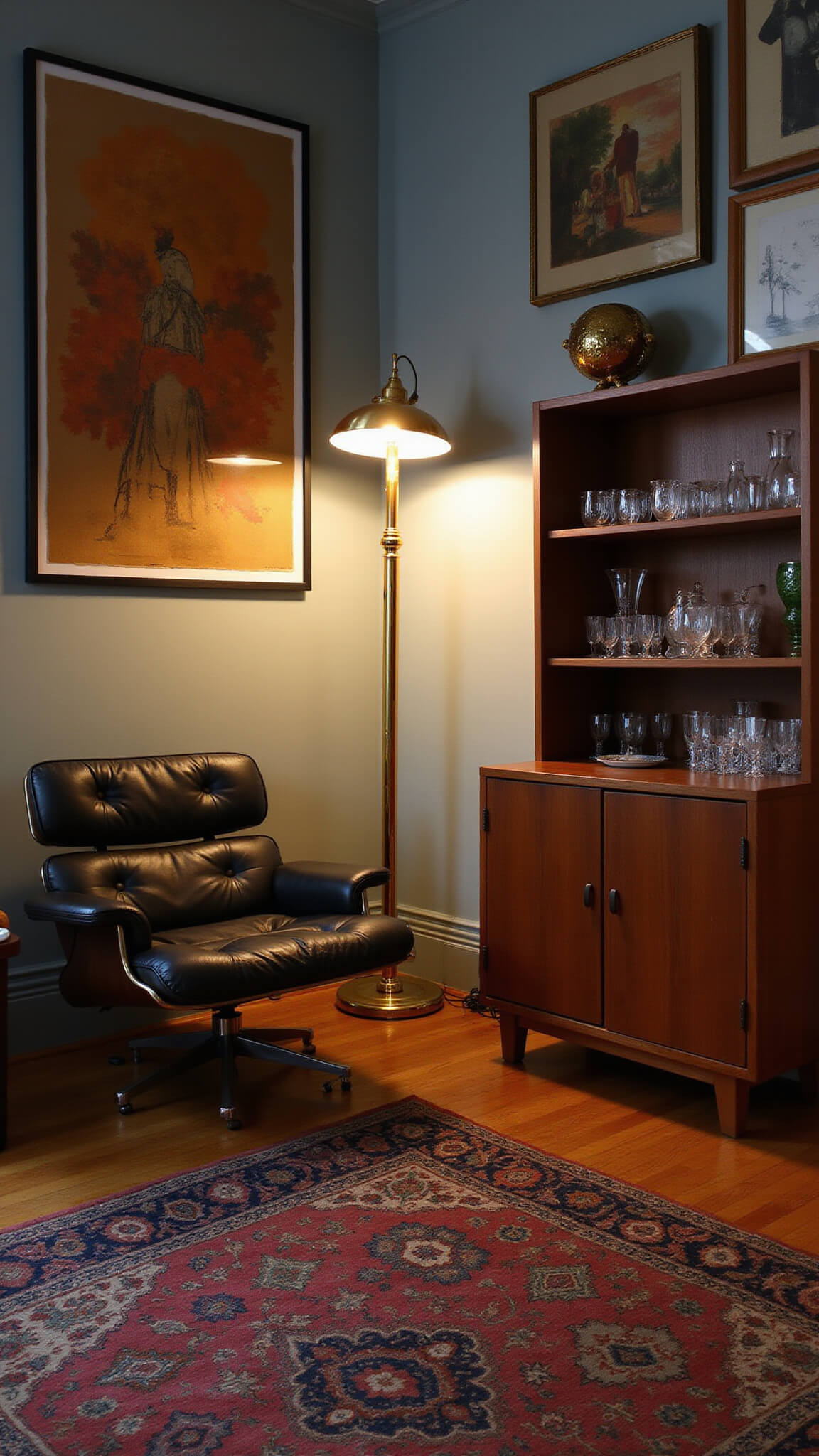 Cozy 12x15ft lounge at dusk with a leather Barcelona chair, brass side table, vintage art gallery wall, sculptural floor lamp, layered patterned rugs, and teak bar cabinet displaying art glass.