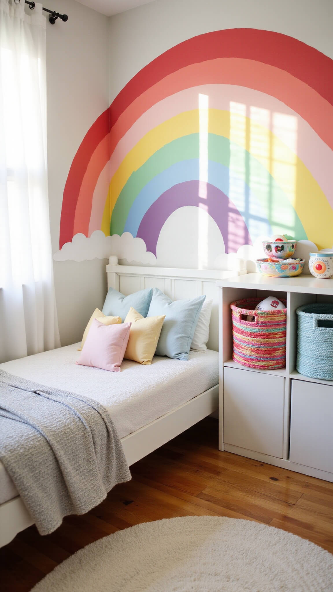 Cozy 12x14ft kids' bedroom with rainbow mural, white twin bed, cloud pillows, white storage units, and soft natural light through sheer curtains.