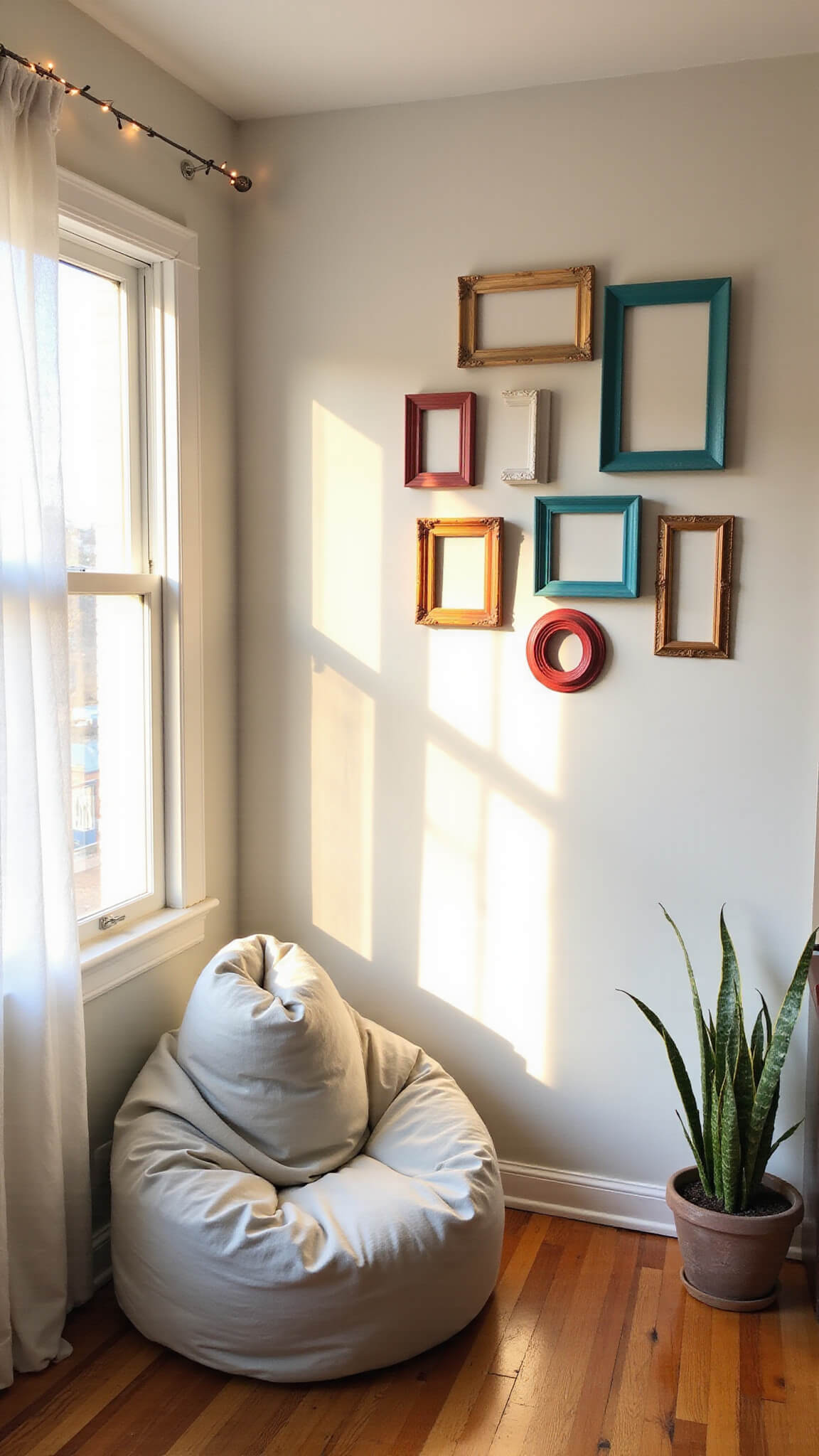 Colorful thrifted gallery wall with 7 rainbow-painted vintage frames above a pale gray bean bag in a cozy reading nook, lit by golden hour sunlight through gauzy curtains.