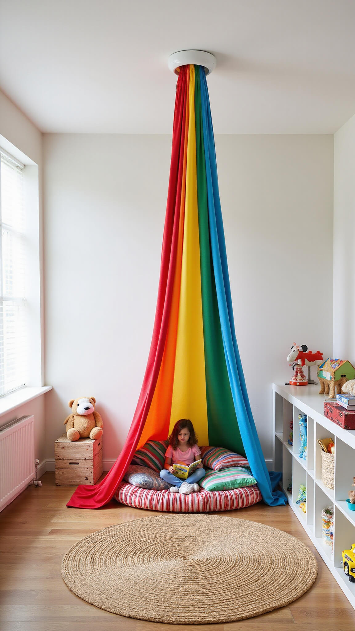 High-angle view of a cozy 8x10ft play area with a ceiling-mounted rainbow fabric canopy, jute rug, rainbow cushions, white walls, and IKEA TROFAST toy storage.