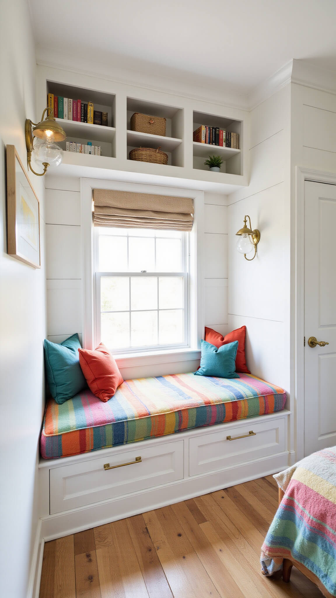 Rainbow-themed window seat with built-in storage in a 14x16ft bedroom at sunrise, featuring multicolored velvet cushions, curved rainbow bookshelf, white shiplap walls, vintage brass sconces, pale oak flooring, and natural linen roman shades.